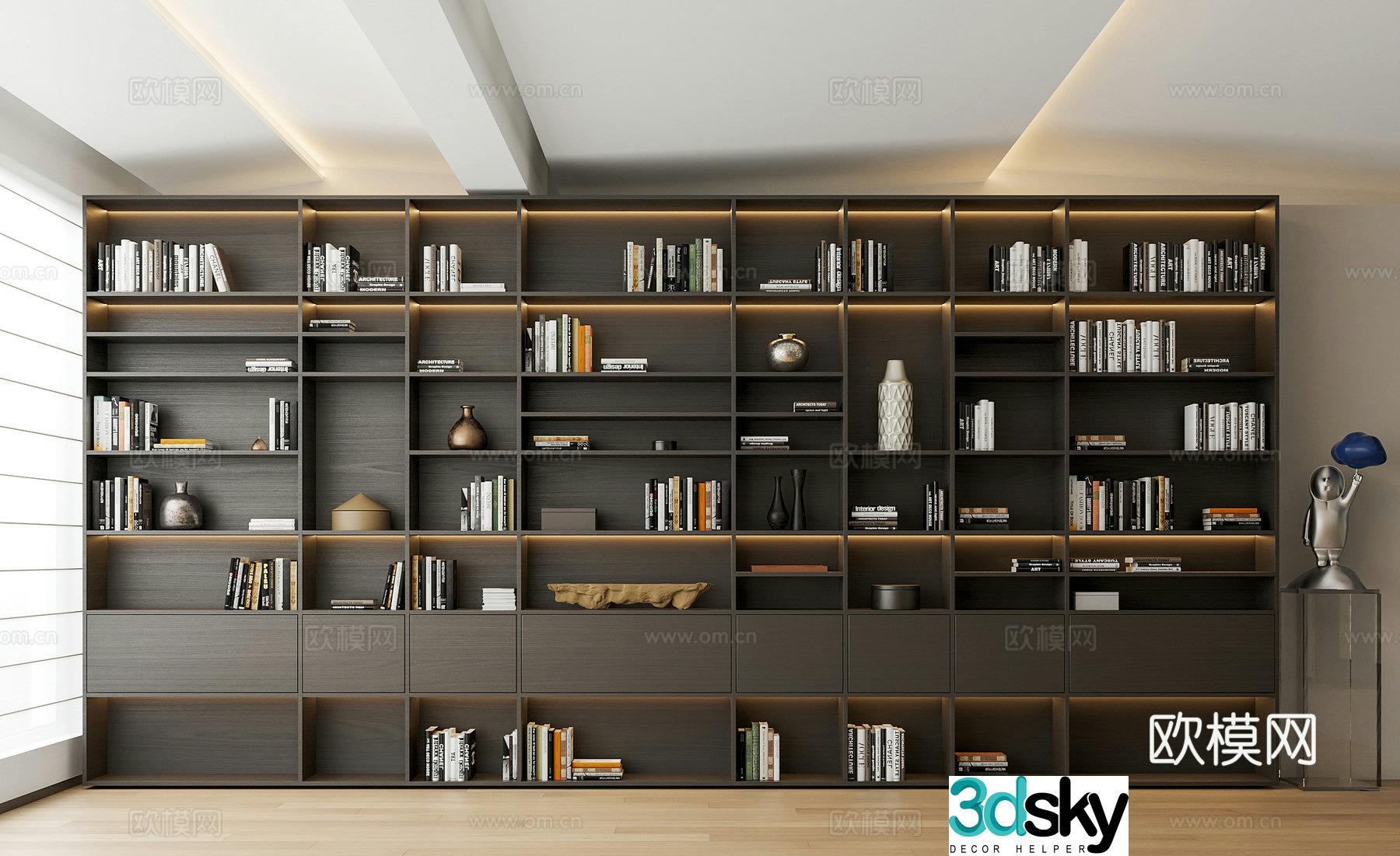 Middle-aged bookcase books ornaments 3d model