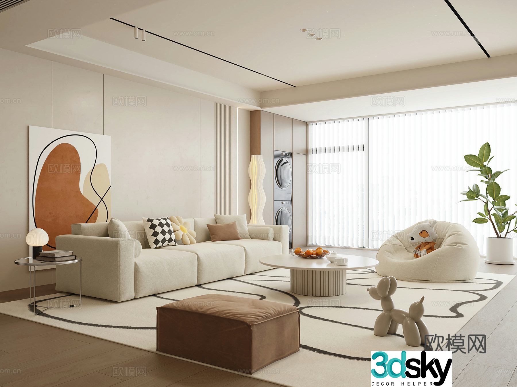 Modern cream style home living room 3d model
