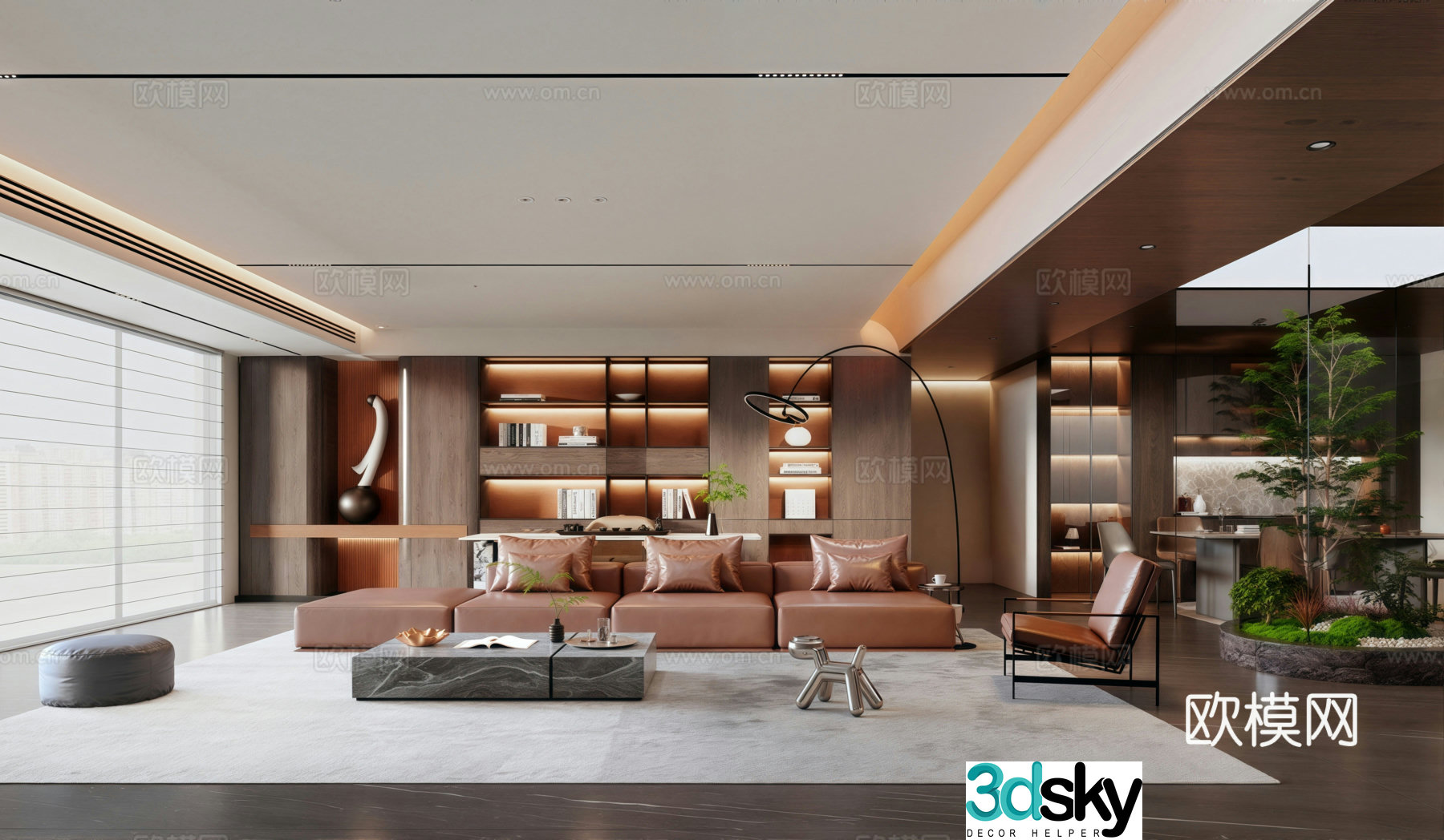 Modern Italian living room bookcase background wall sofa and coffee table combination sideboard landscape sketch 3d model
