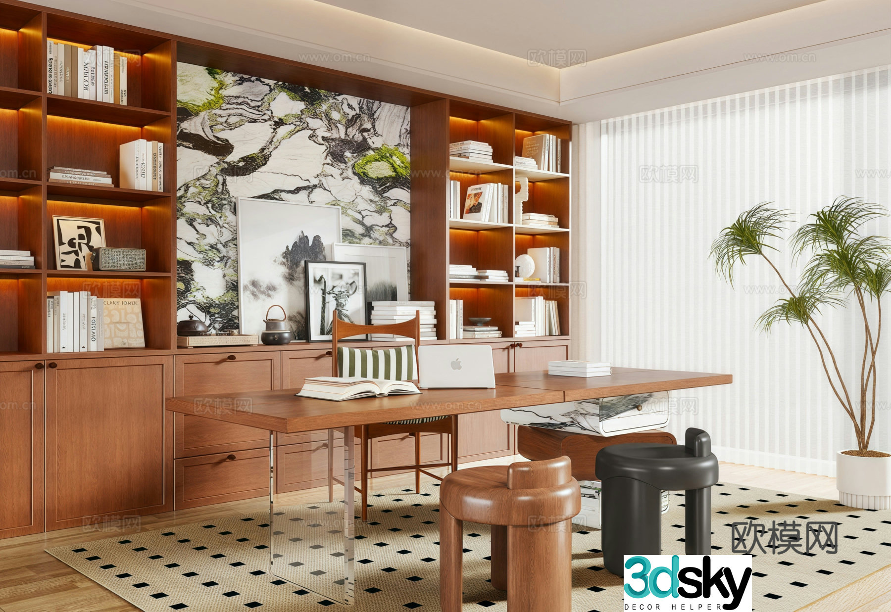 Middle-aged study bookcase desk chair green plant trolley 3D model