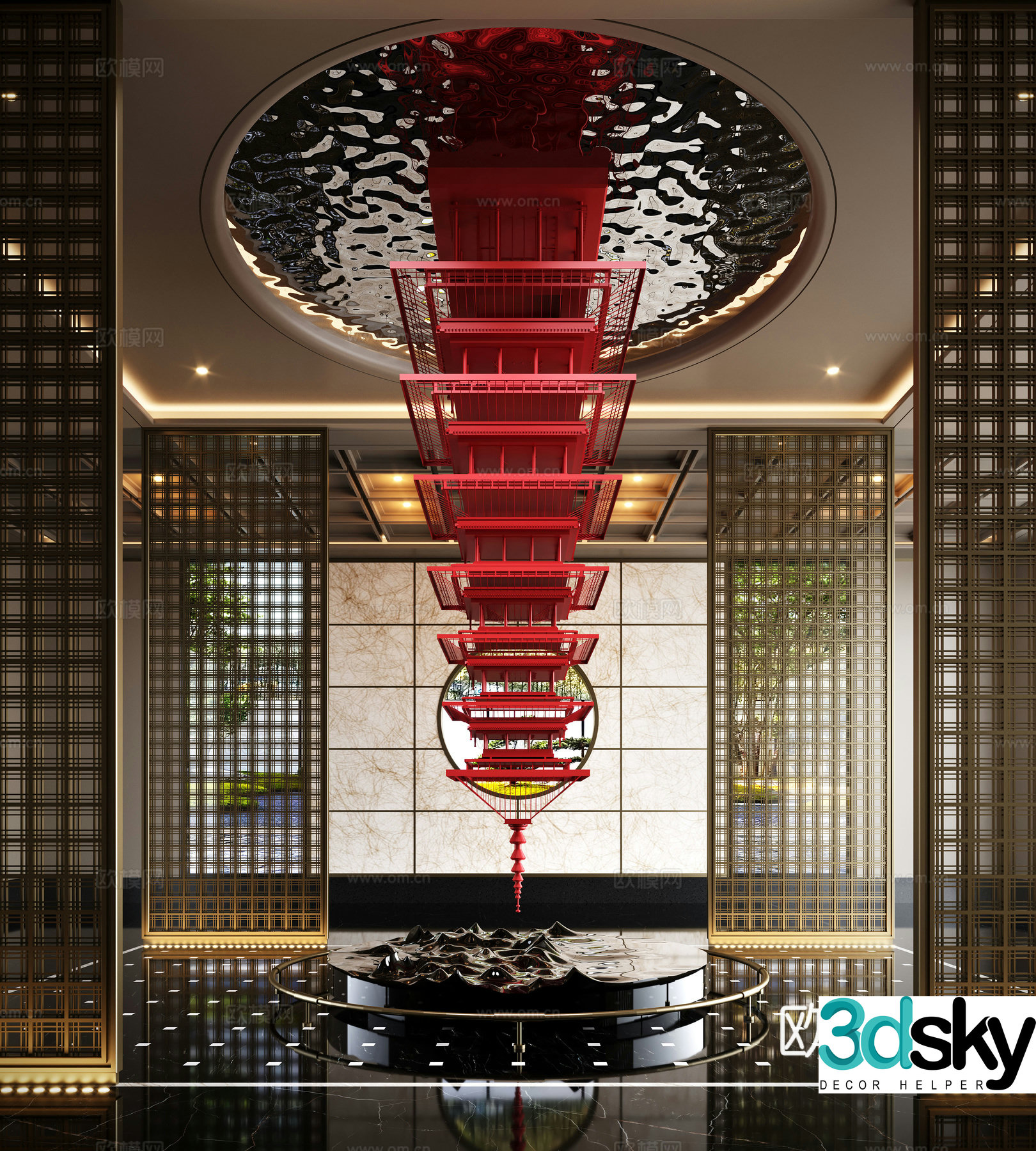 New Chinese hotel art installation screen partition sculpture installation upside down device 3D model