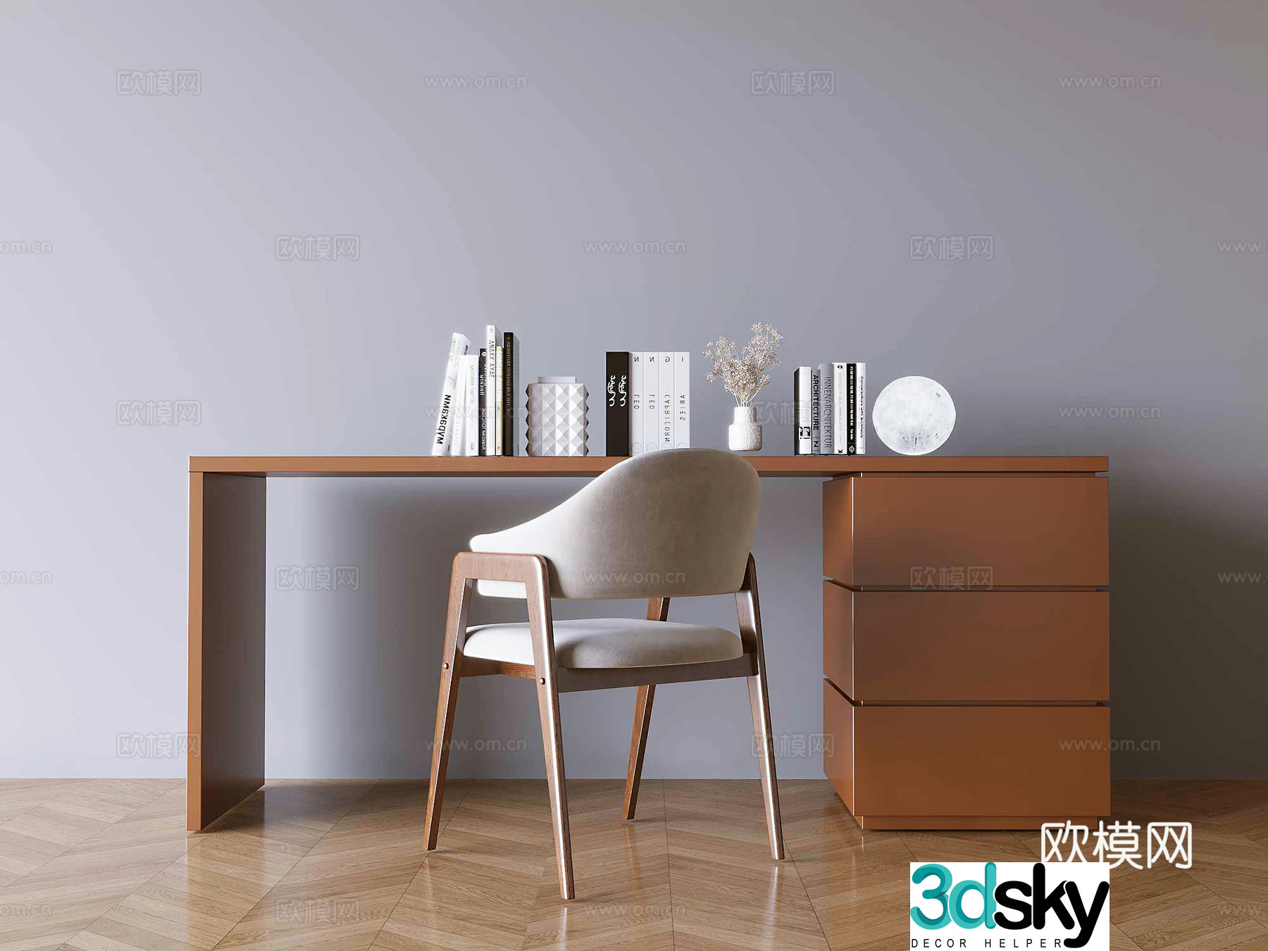 Middle style solid wood desk and chair book moonlight ornament 3D model