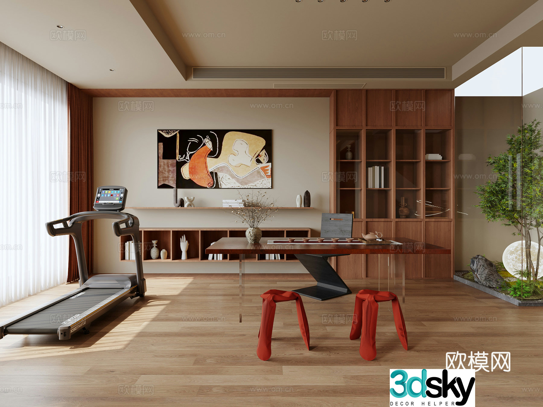 Middle-aged style study room tea room bookcase treadmill hanging picture desk single chair bookcase tea cabinet 3d model