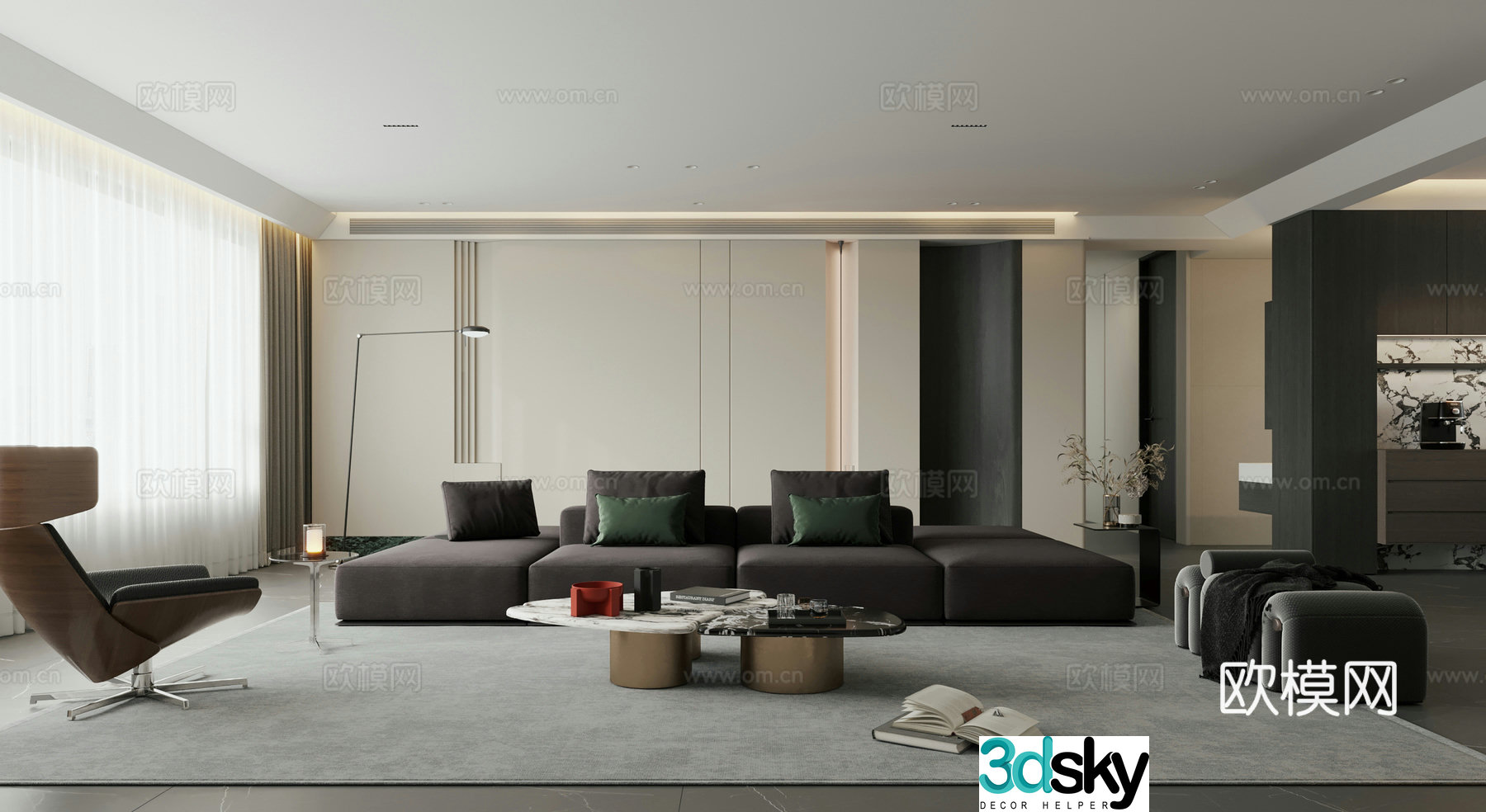 Modern Italian simple living room horizontal hall large flat floor black and white living and dining room 3D model