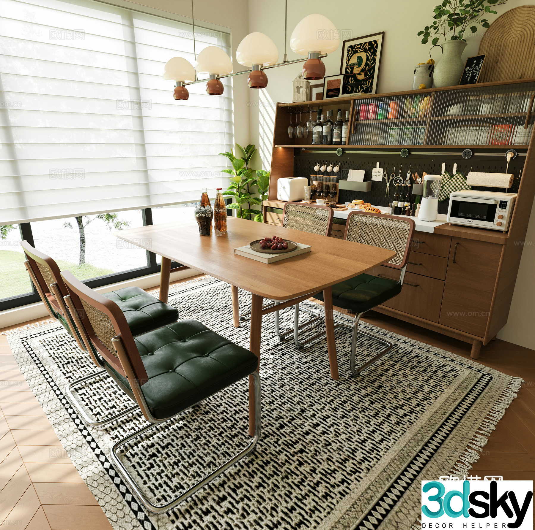 Middle-aged home decoration restaurant Middle-aged dining sideboard Middle-aged dining table and chair combination Middle-aged rattan chair 3D model