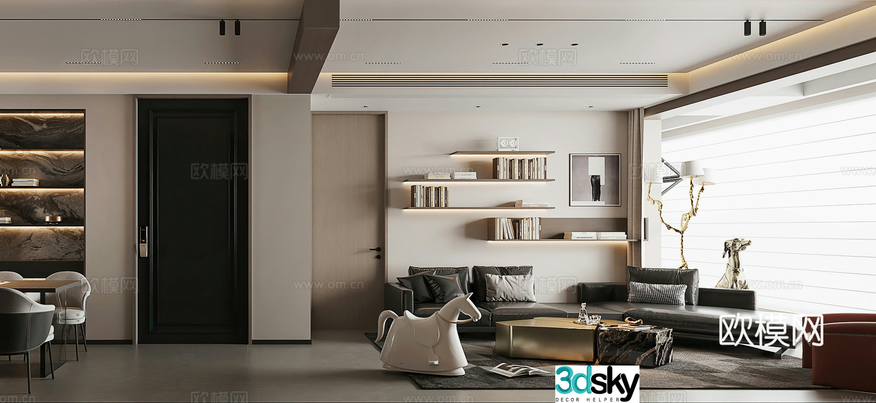 Italian restaurant combination sofa dark gray dark wind wine cabinet TV background wall casual 3d model