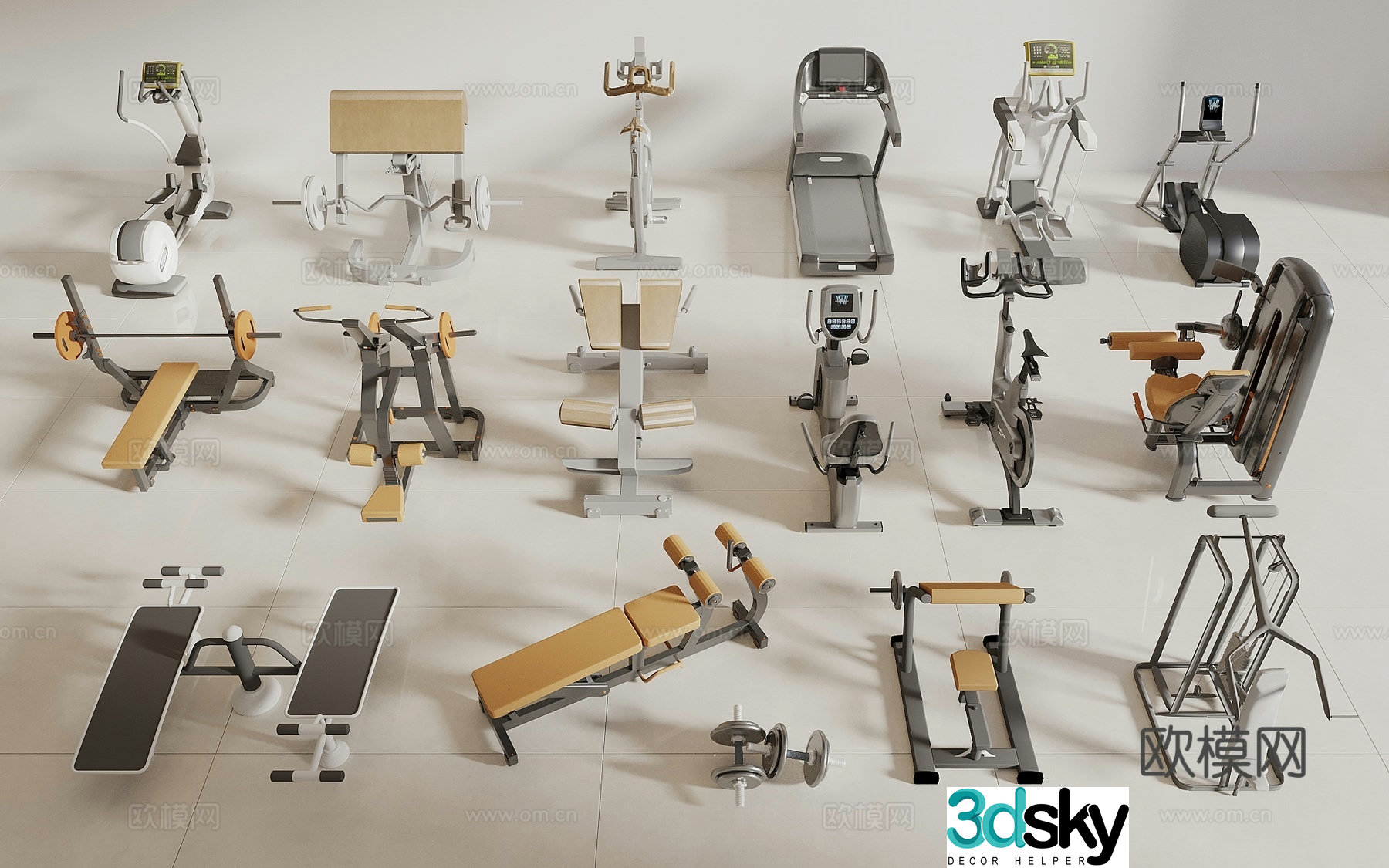 Modern fitness equipment sports equipment dumbbell treadmill gym sports equipment 3d model