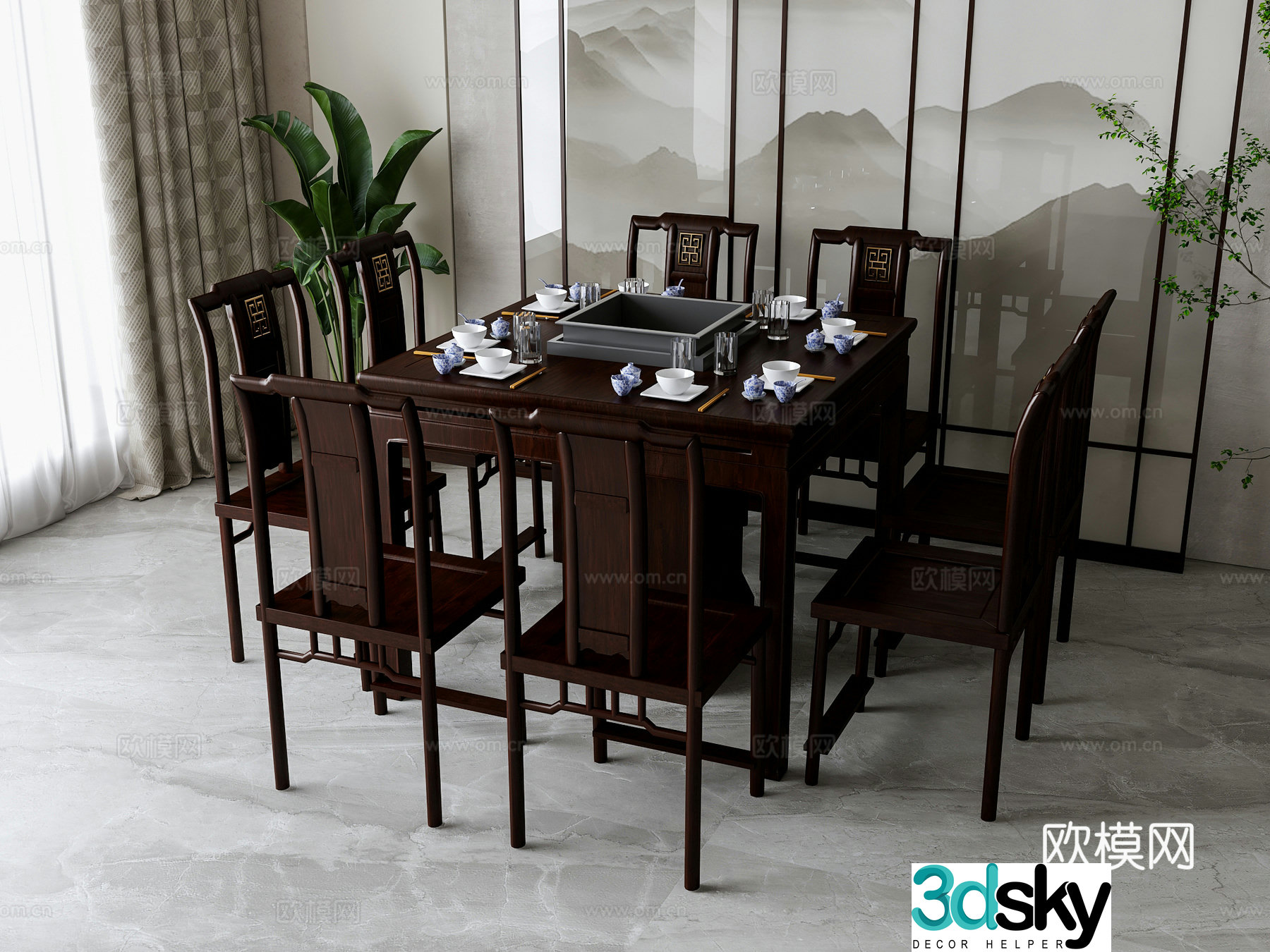 New Chinese dining table and chair combination 3D model