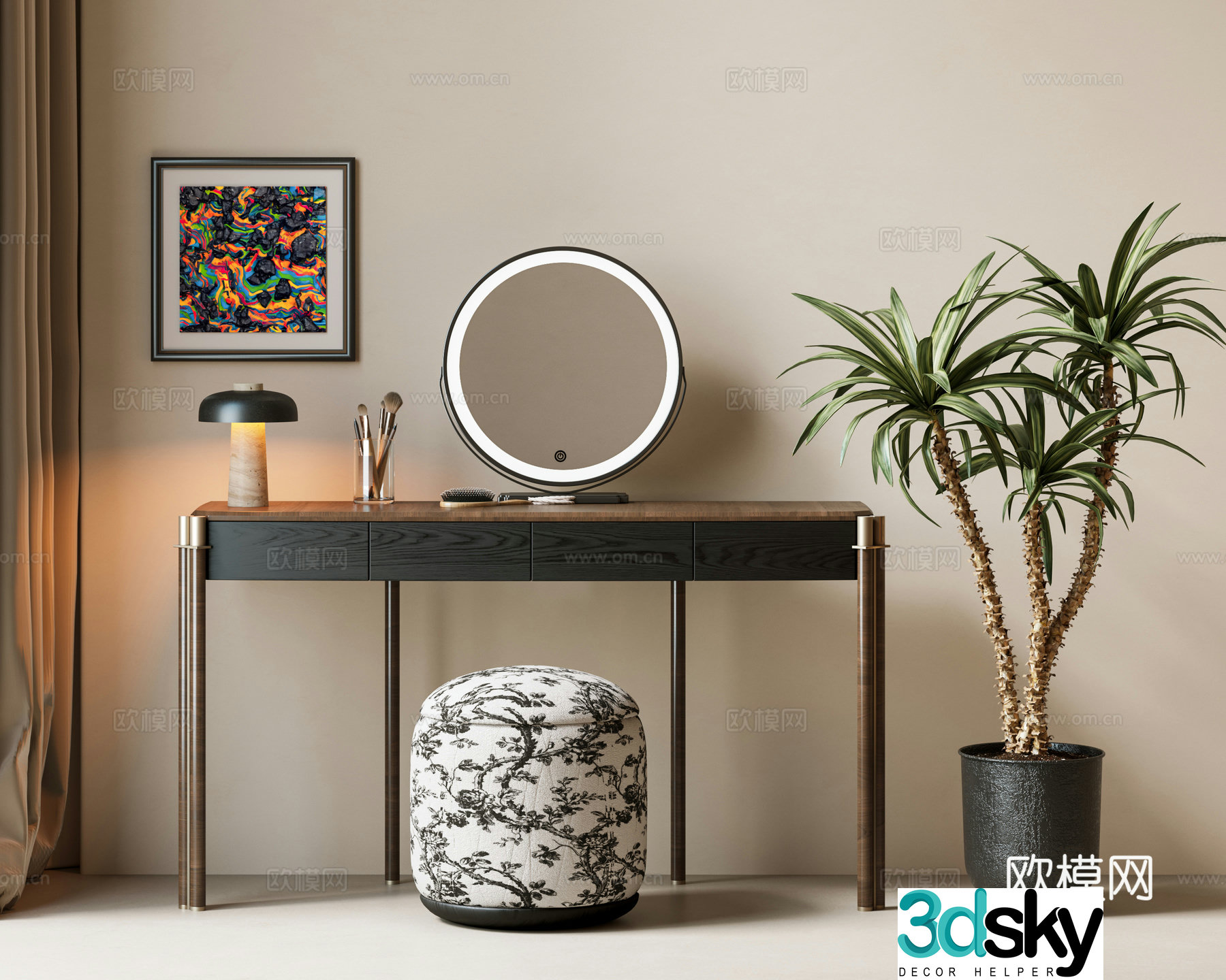 Modern medieval dressing table medieval green plants dressing chair makeup mirror makeup table makeup stool combination medieval 3D model