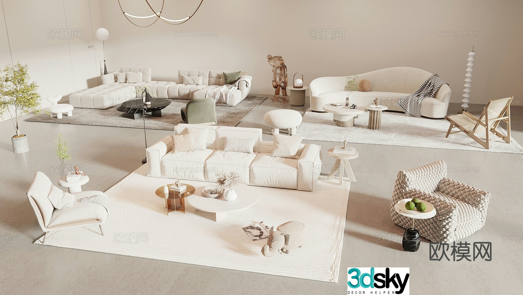Wasabi cream style sofa sofa coffee table combination lazy sofa floor lamp green plants artwork 3d model