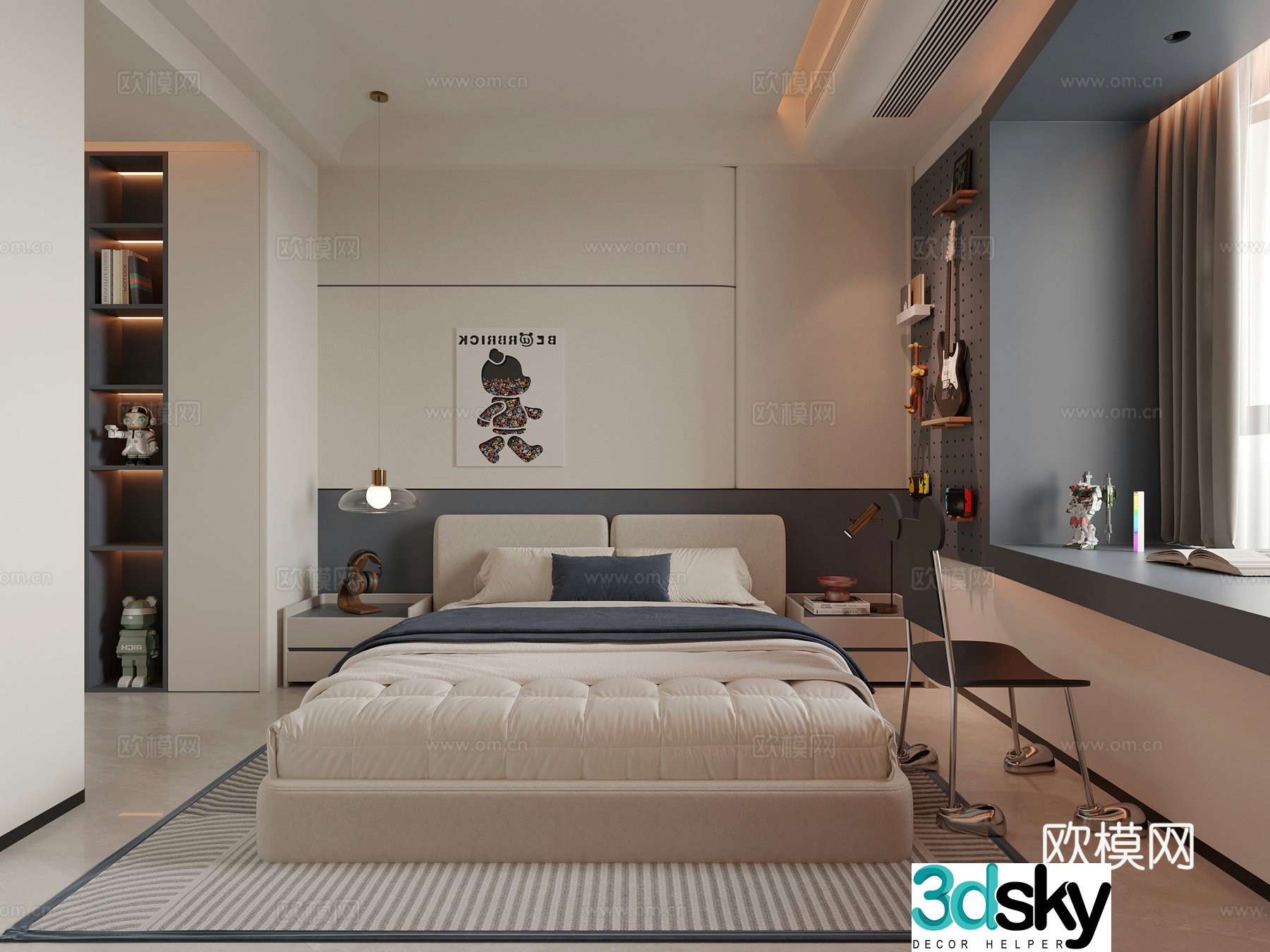 Modern minimalist boy room special shape desk bay window desk hole board decoration partition figure hanging painting bedside chandelier 3d model