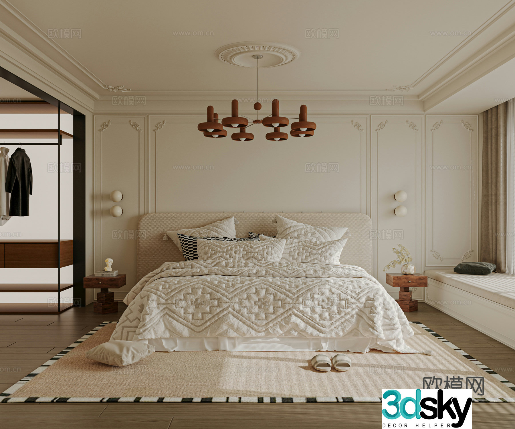 French bedroom bed nightstand accessories curtains carpet 3d model