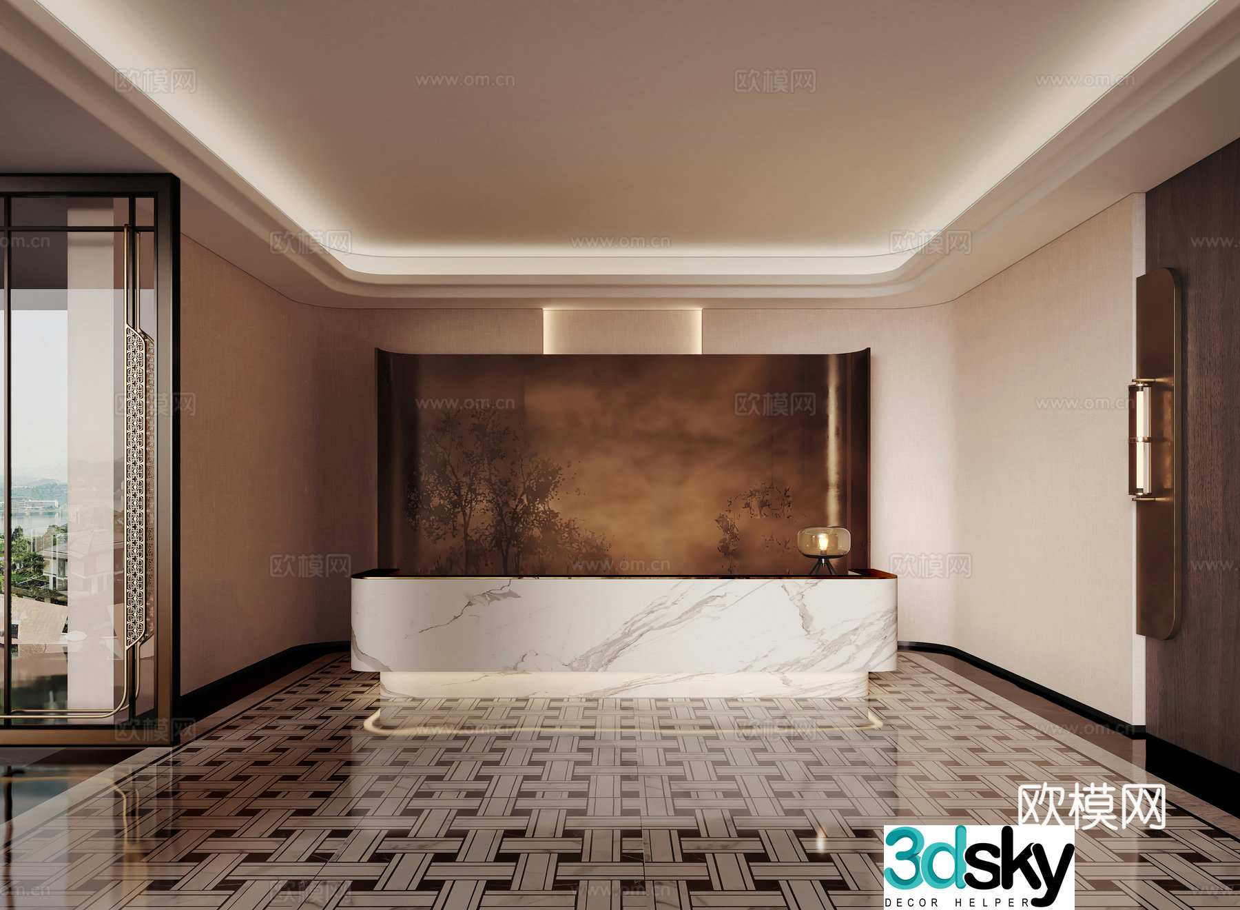 Modern hotel club reception desk office front desk office front desk metal background wall 3d model