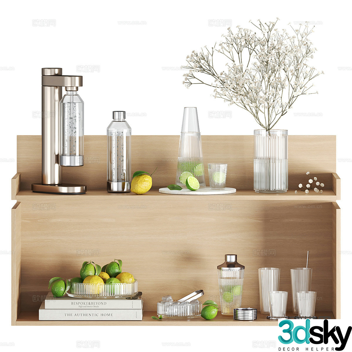 A 3D model of citrus is placed on the kitchen shelves