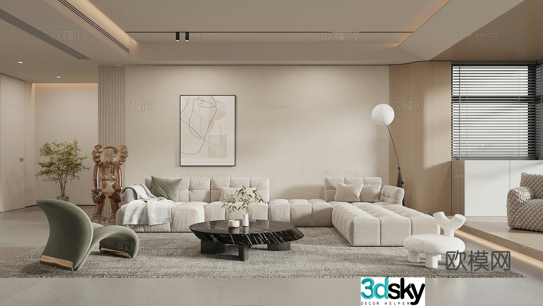Wasabi Creamy Living Room Sofa Background Wall Sofa Coffee Table Combination Lazy Sofa Platform 3D Model