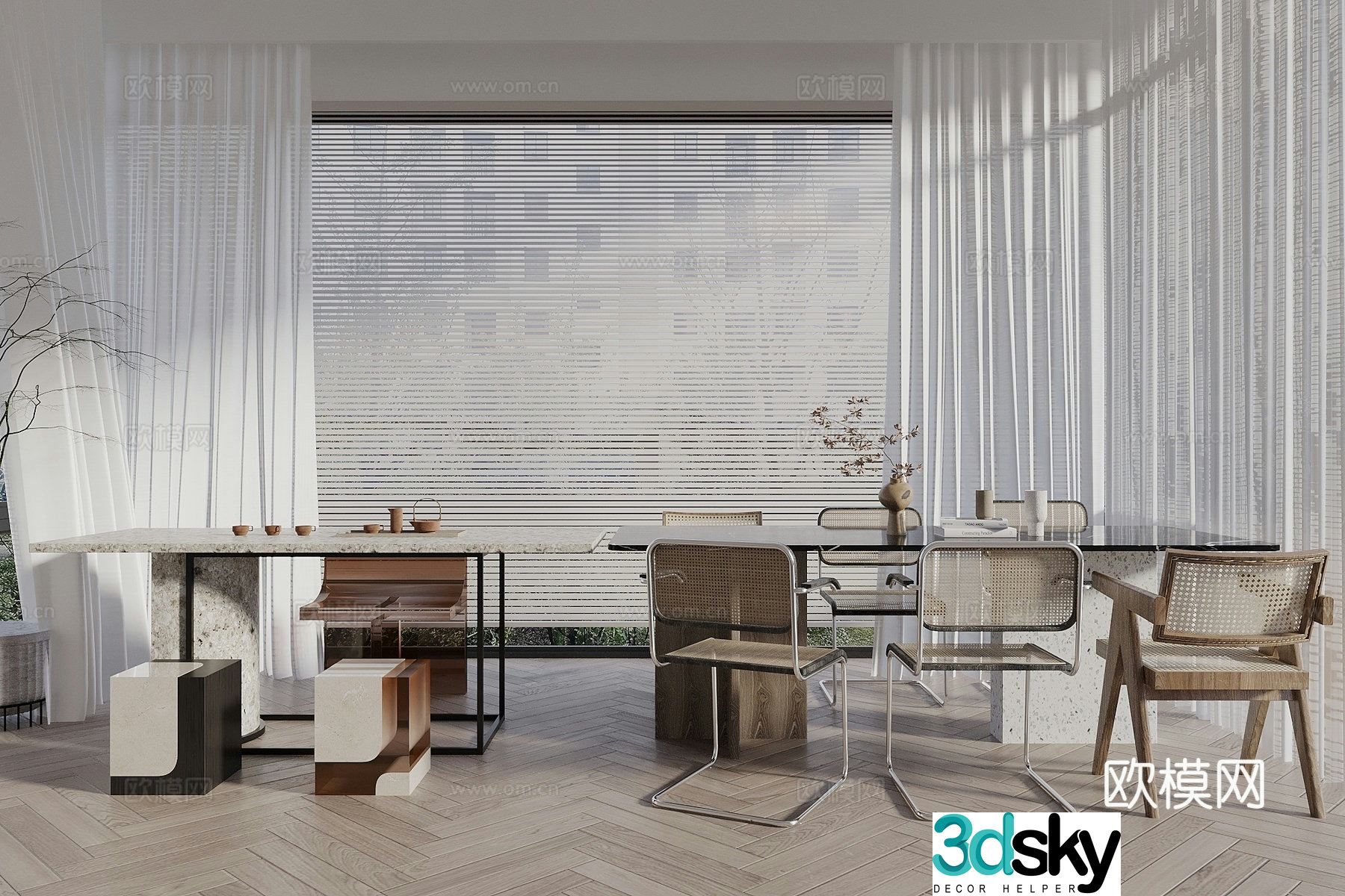 Wasabi Middle Style Tea Table and Chair Combination Dining Table and Chair Combination Window Screen Curtain 3D Model