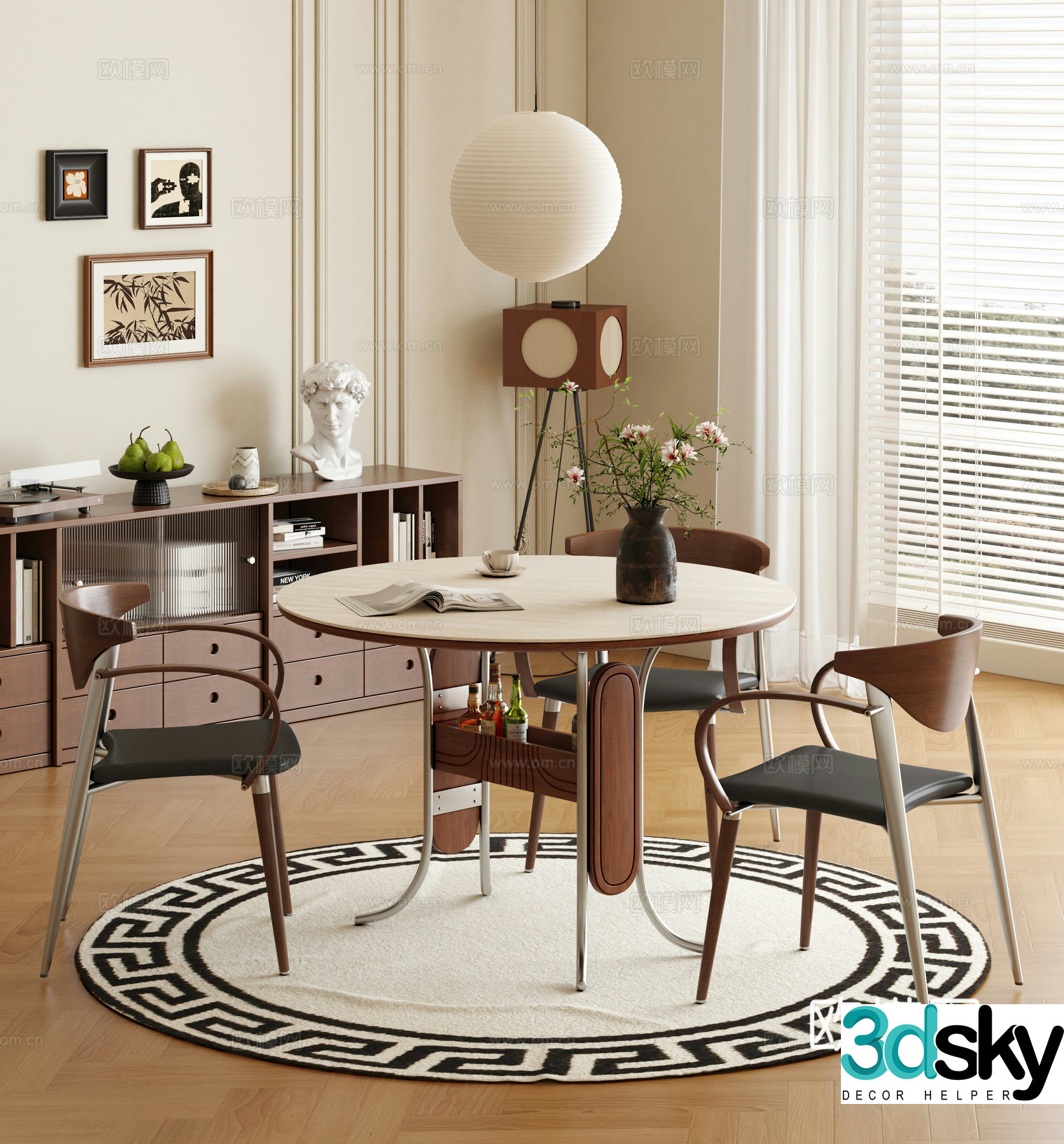 Modern medieval round dining table and chairs Solid wood round dining table Solid wood dining chairs Finished dining table and chairs 3D model