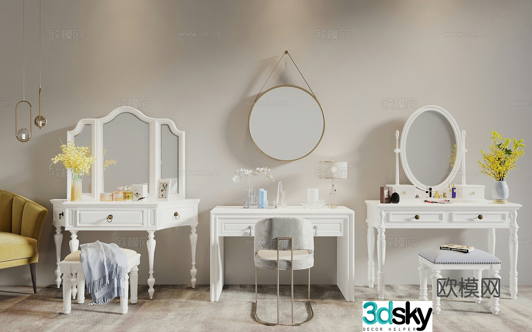 American French style dressing table dressing table combination cosmetics combination 3D model