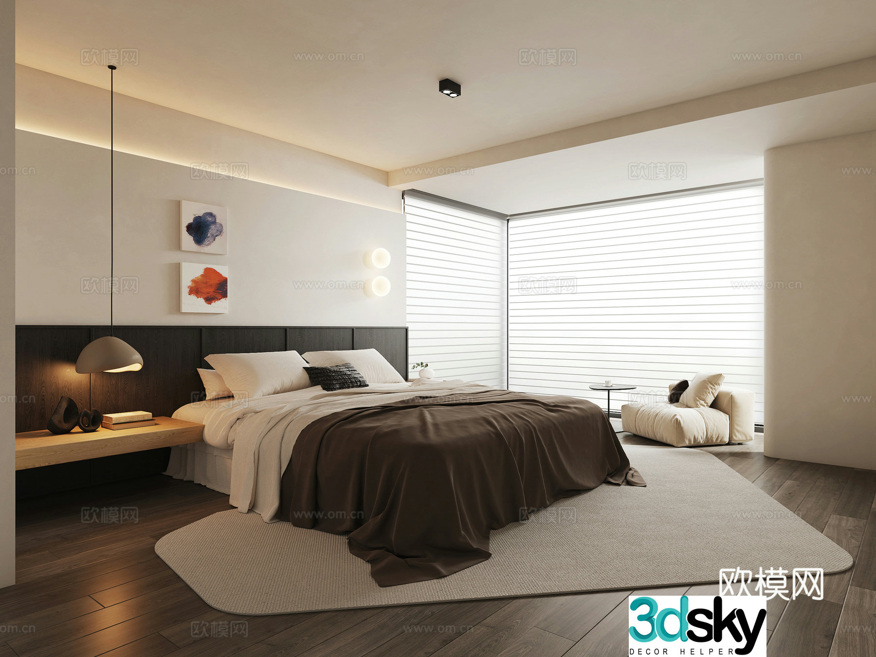 Modern minimalist bedroom double bed single sofa chandeliers curtains carpet decorative paintings 3D model