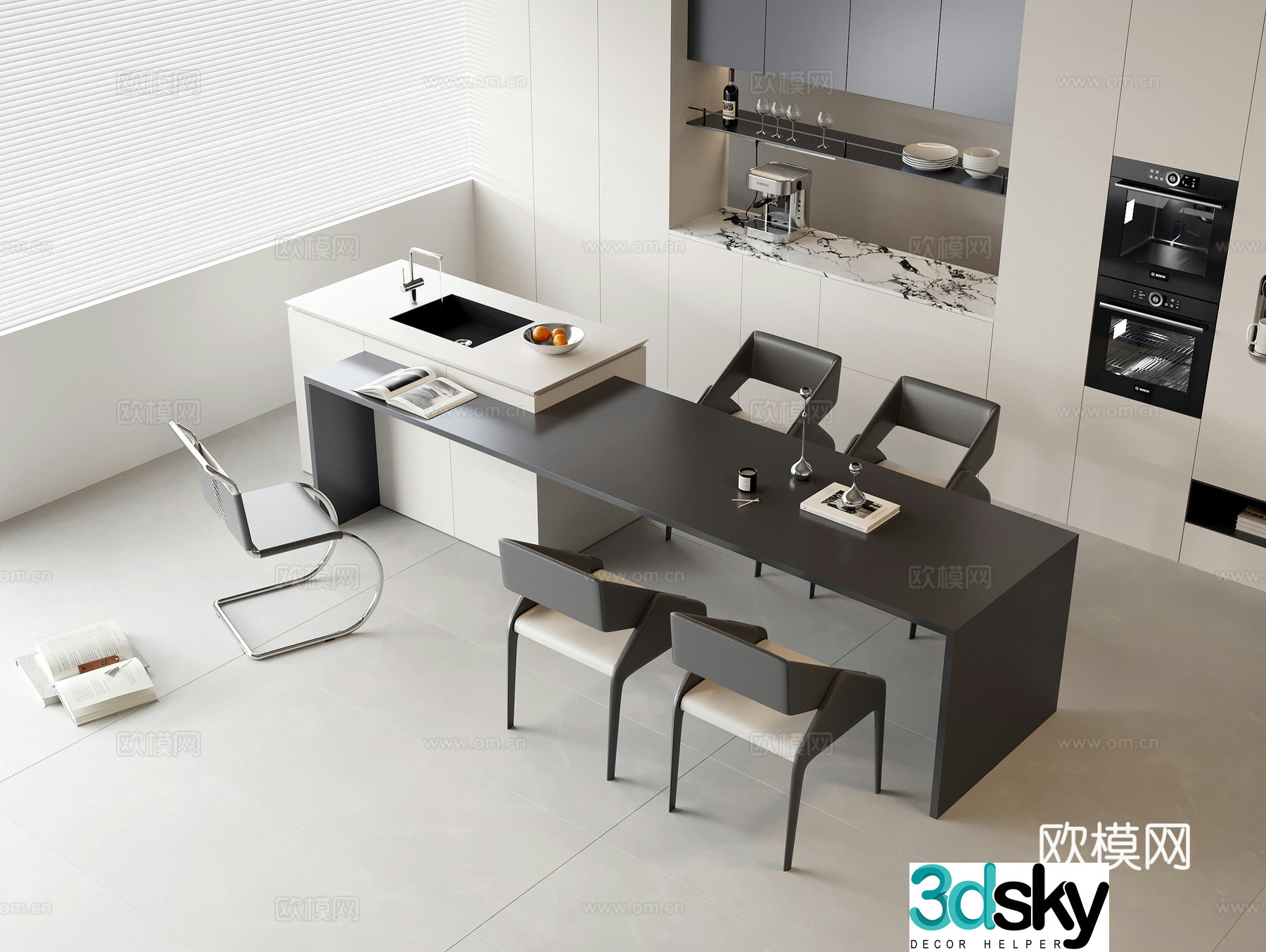 Water bar dining table and chair combination Zhongdao water bar Zhongdao dining table casual dining chair solid wood sideboard 3D model