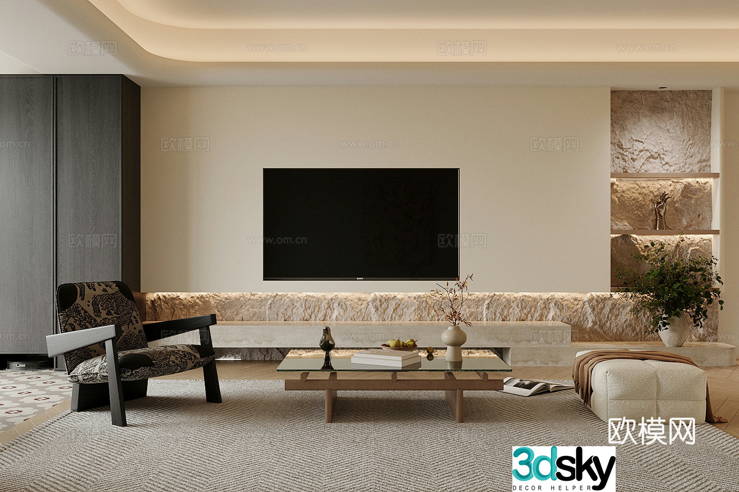 Modern home living room medieval style living room retro style leisure chair retro style living room background wall 3d model