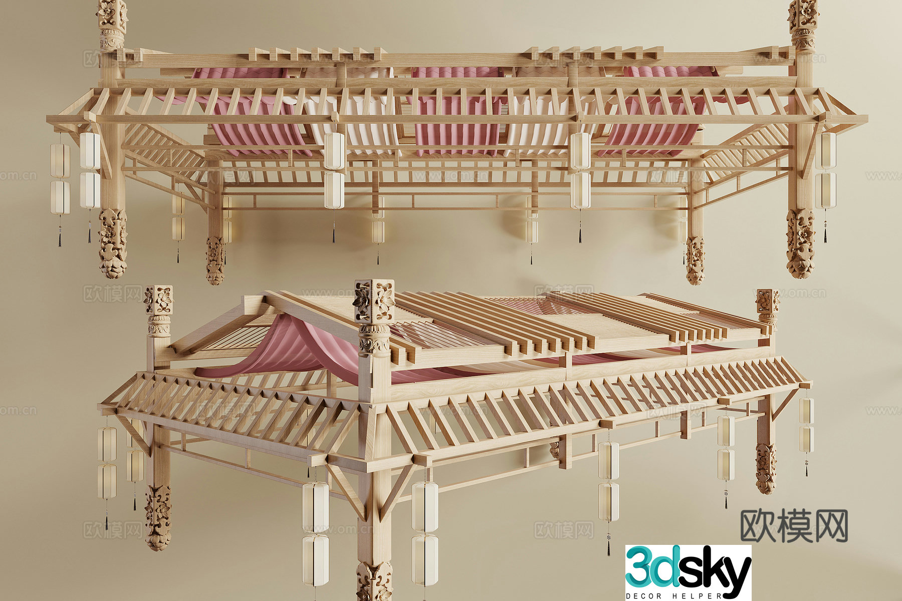New Chinese wooden grille ceiling 3D model