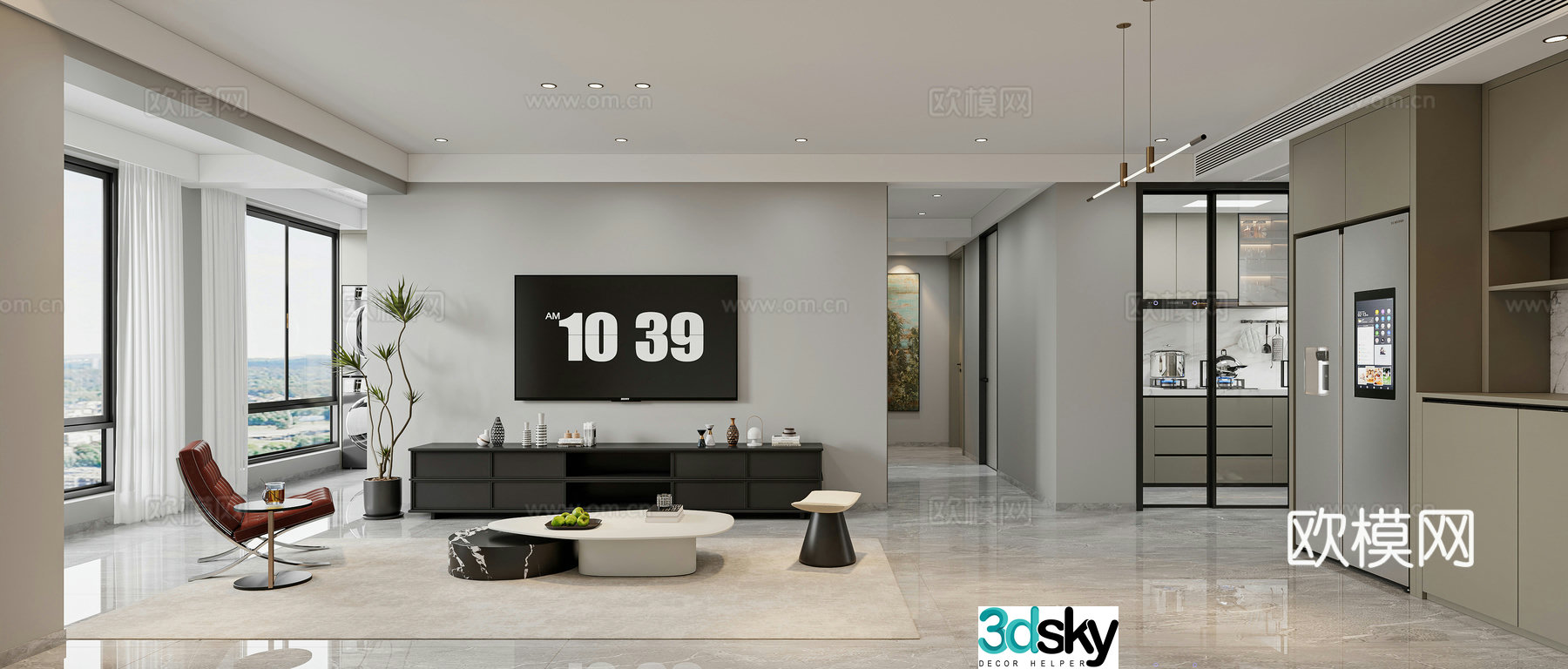 Modern living room TV background wall TV cabinet leisure chair simple living room modern living dining room 3d model