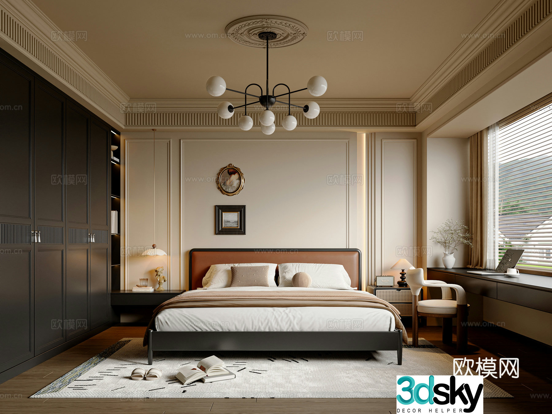 French medieval style bedroom French double bed French wardrobe French book chair Medium medieval style hanging painting 3D model