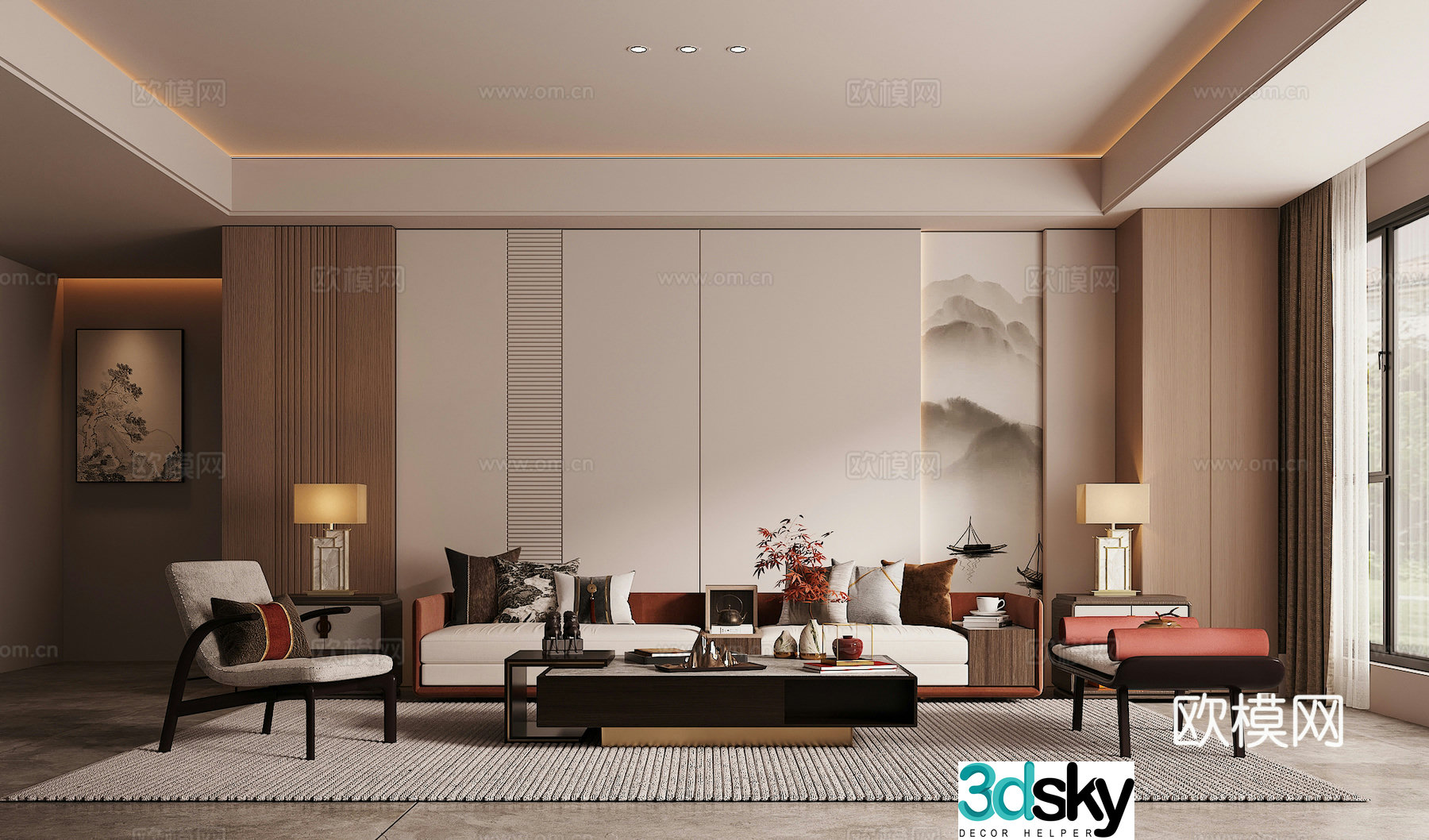 New Chinese living room sofa and coffee table combination green plants accessories desk lamp background wall 3D model