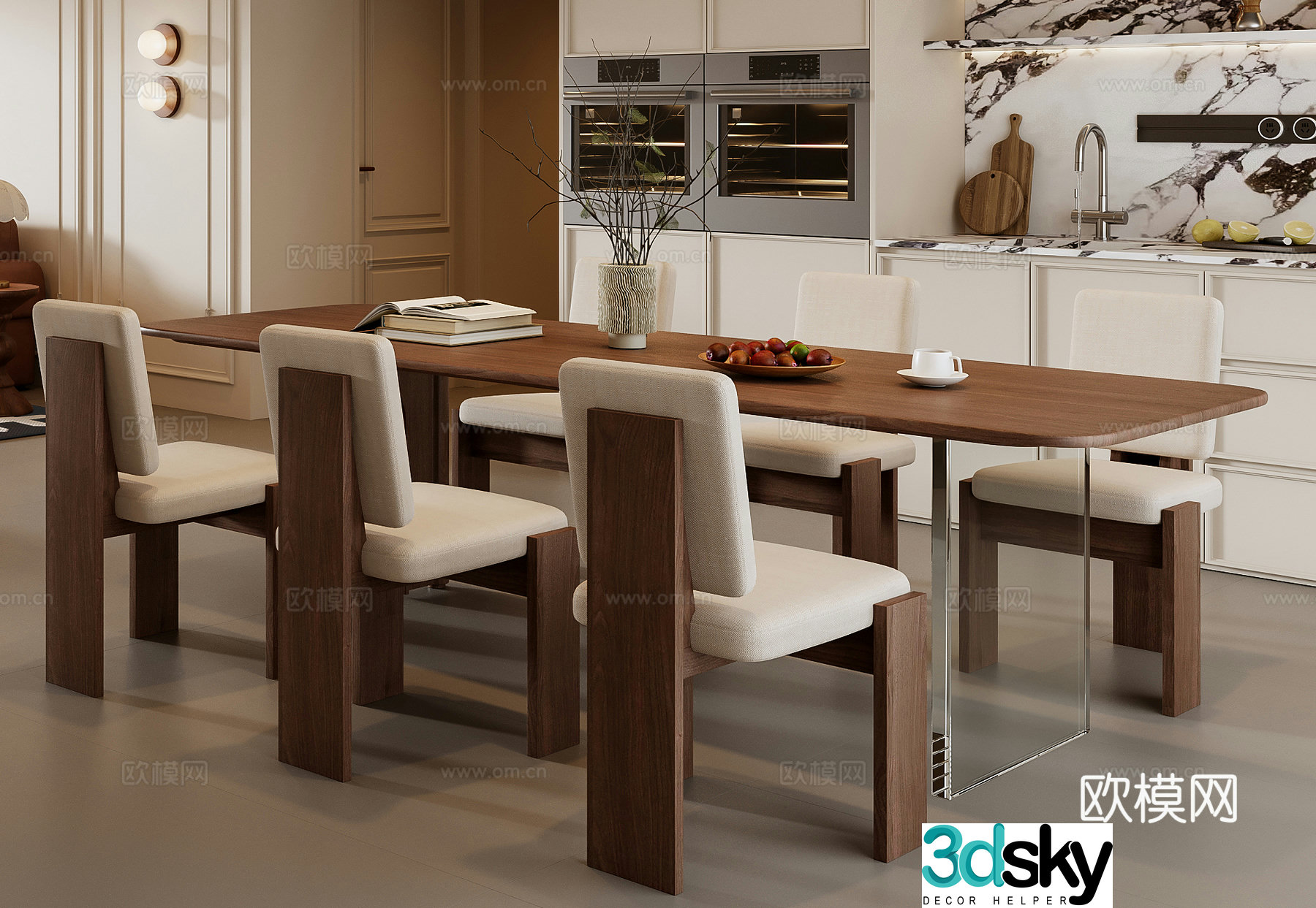 Medium style dining table and chair combination 3D model