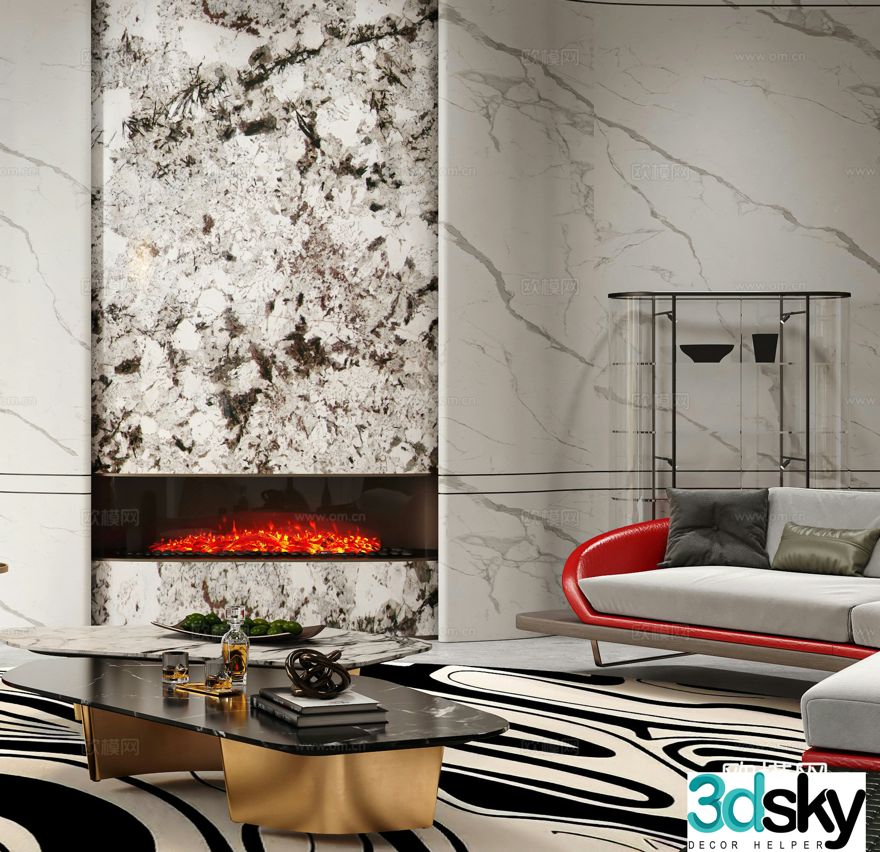 Modern light luxury living room background wall fireplace background wall 3d model