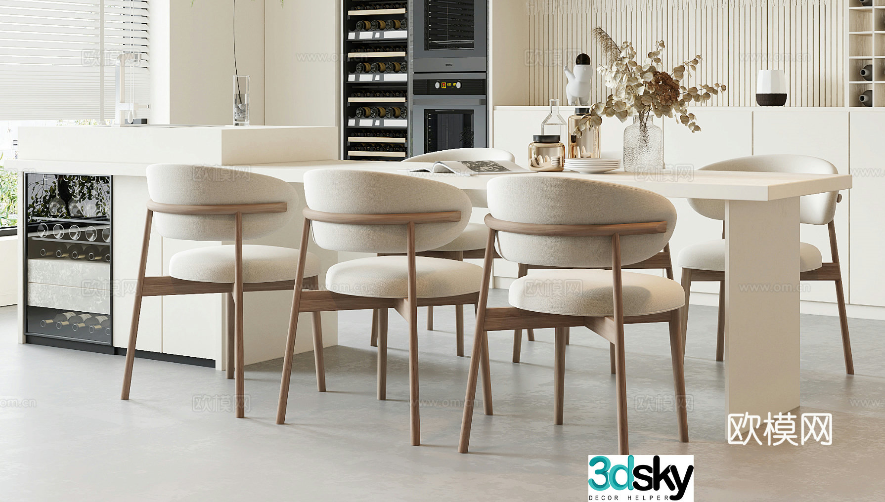 Creamy dining table and chair combination 3D model