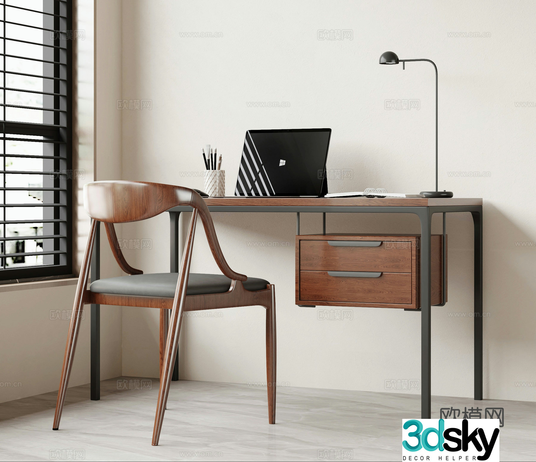 Middle-aged desk and chair 3D model