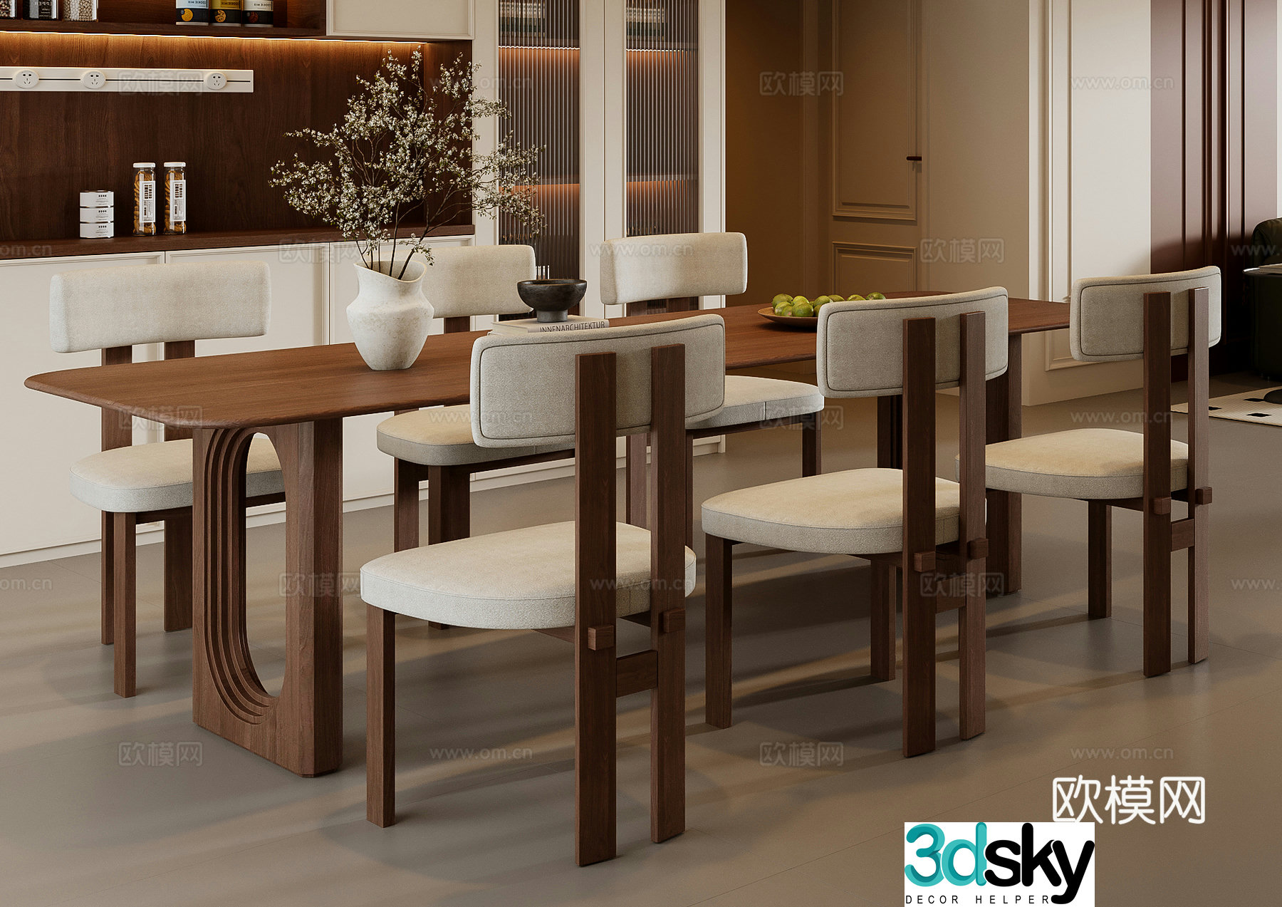 Medium style dining table and chair combination 3D model