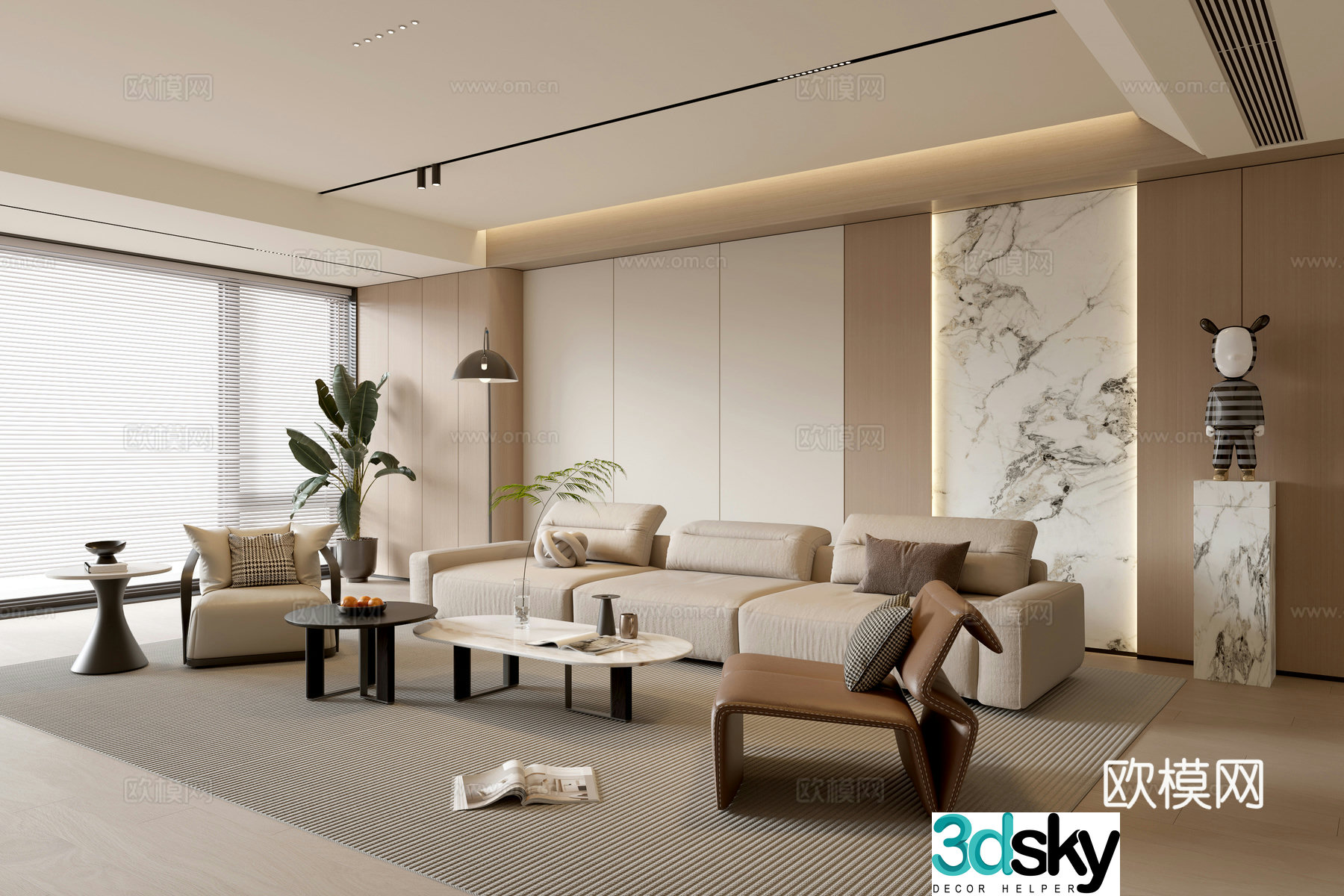 Modern cream simple living room balcony cabinet sofa combination coffee table sofa background wall 3d model