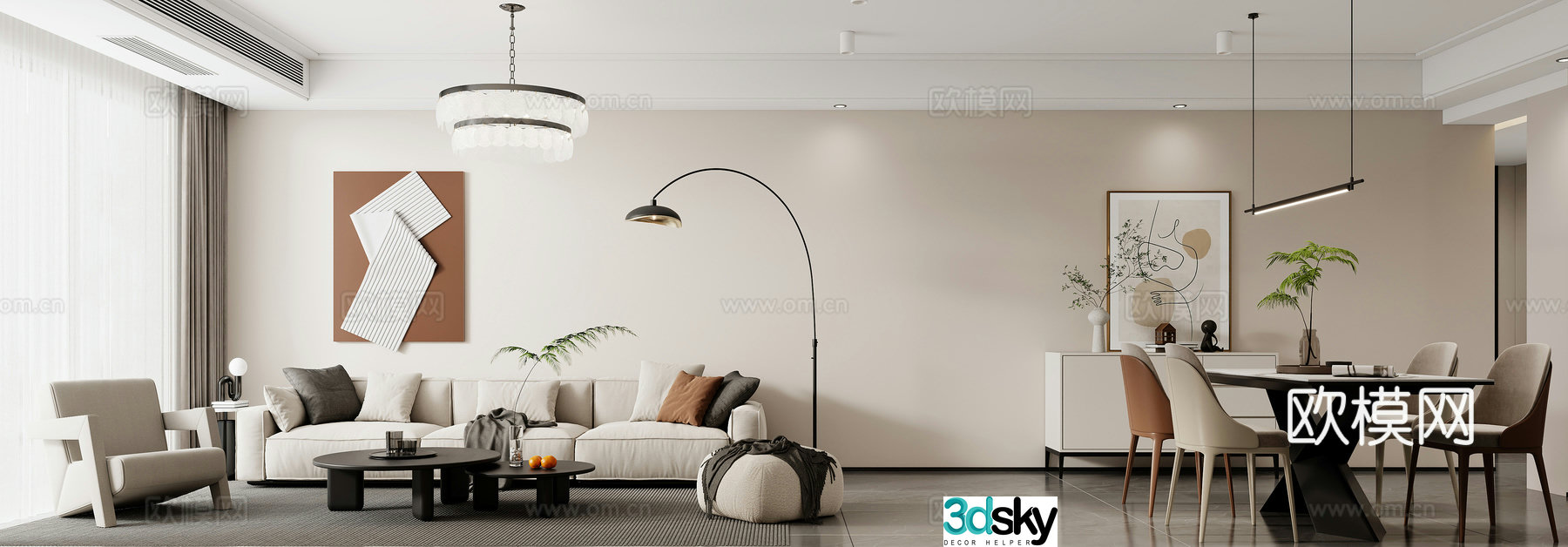 Modern living and dining room 3d model