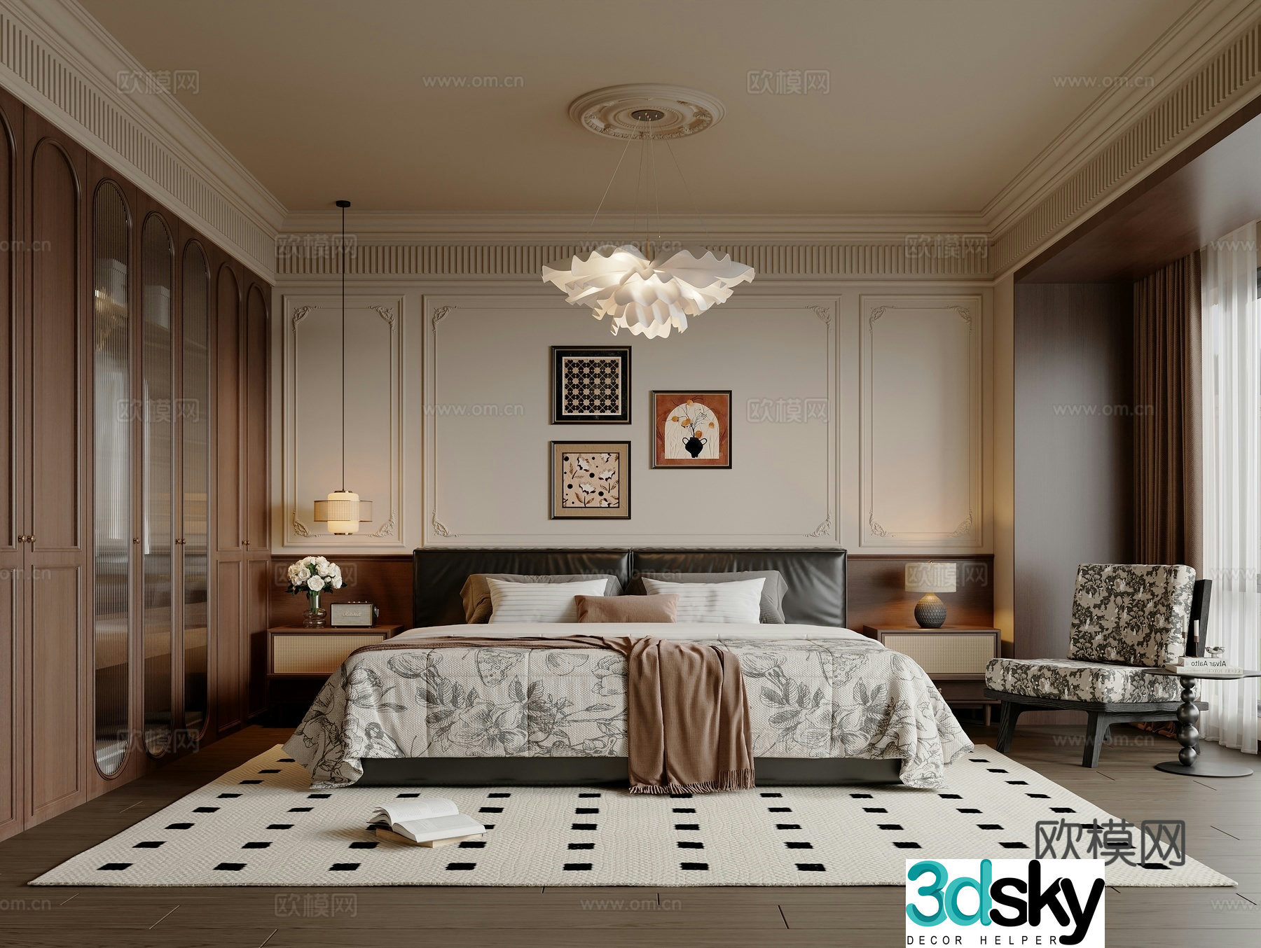 French medieval style bedroom French double bed French wardrobe French chandeliers Medium style leisure chair 3D model