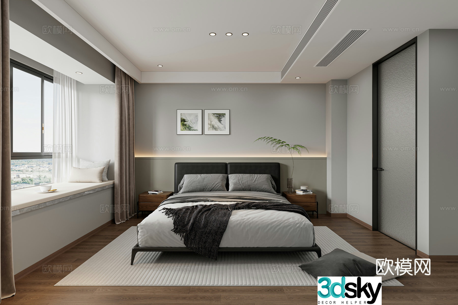 Modern simple bay window bedroom 3d model