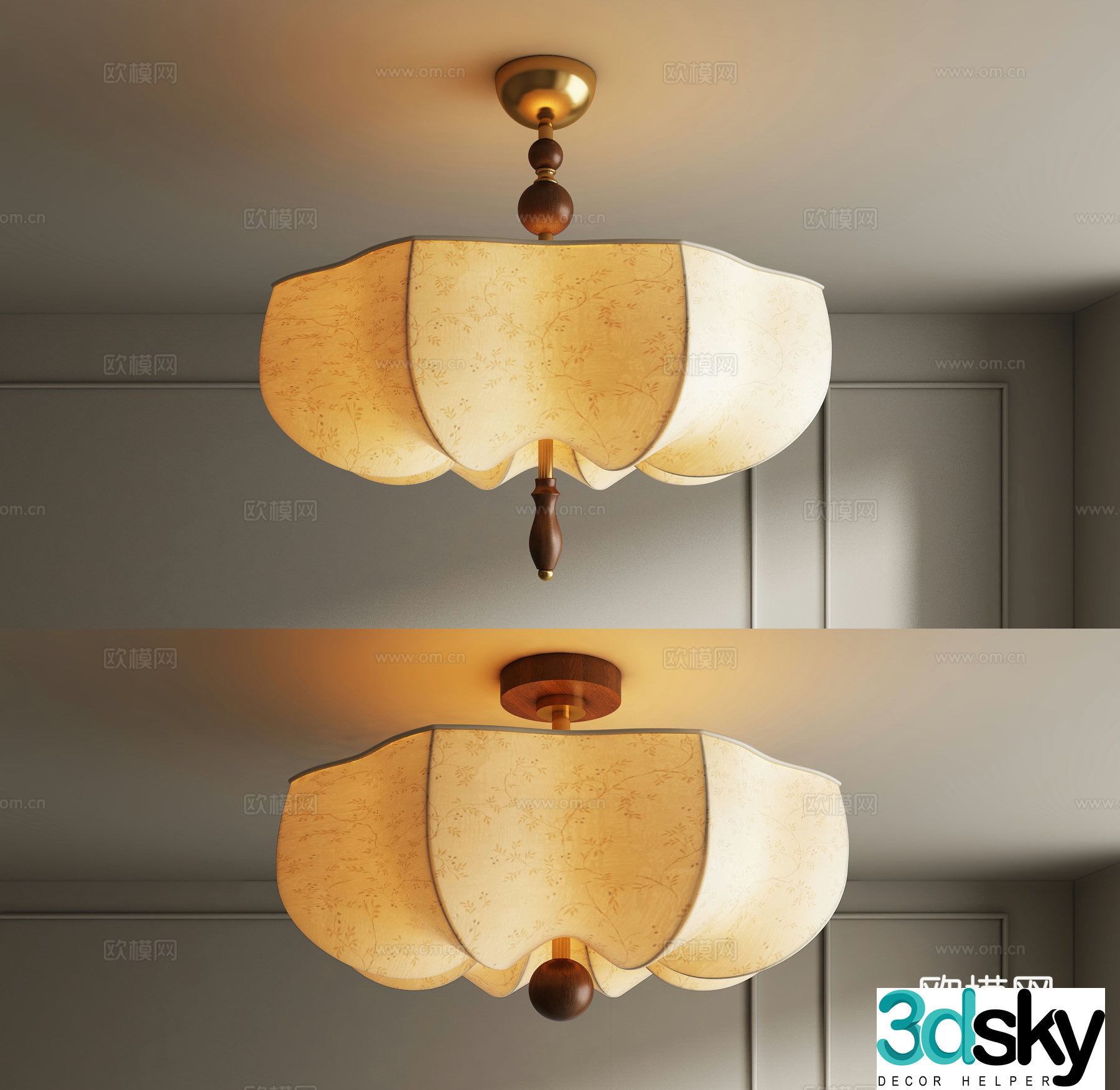 French style old-fashioned bedroom fabric ceiling light 3D model