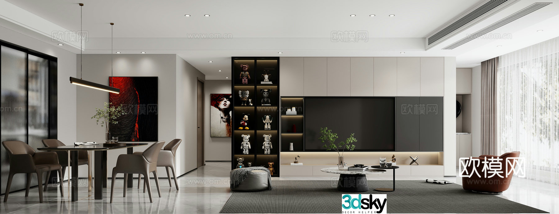 Modern living and dining room 3d model