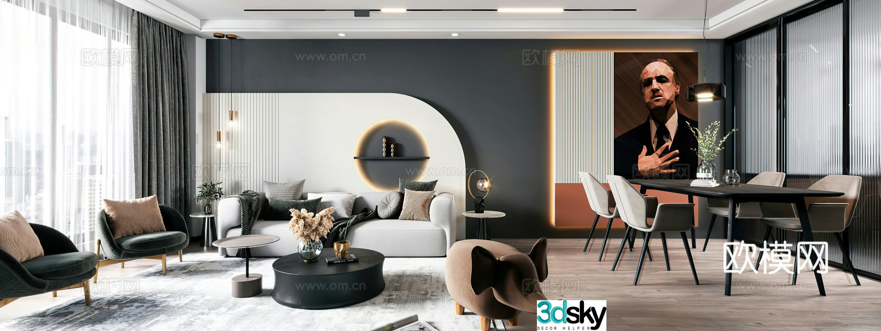 Italian living room modern living room combination sofa leisure chair dining table high-end gray 3D model