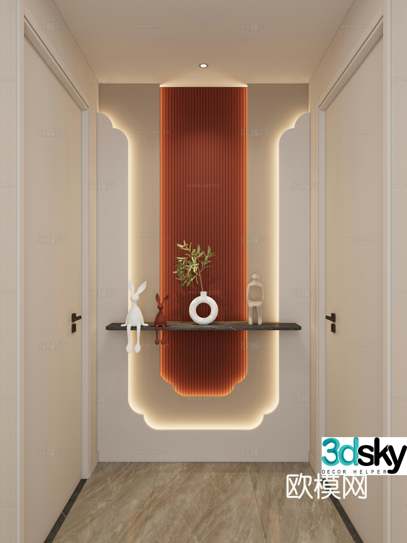Cream Simple Style Modeling Light Strip Great Wall Board Suspended Top End View Entrance Entrance 3D Model