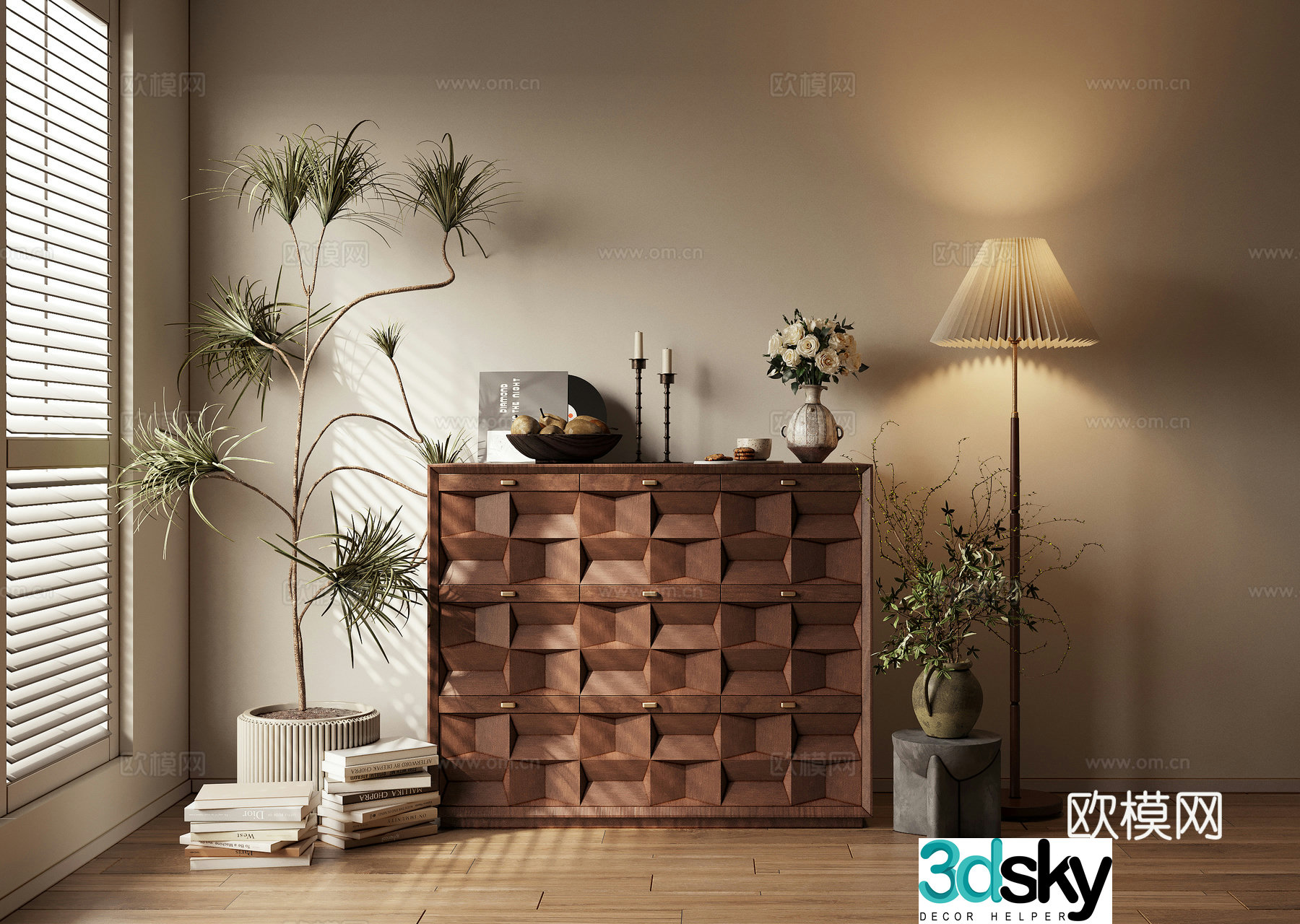 Low cabinet chest of cabinet decoration cabinet storage cabinet floor lamp ornament potted plant 3D model