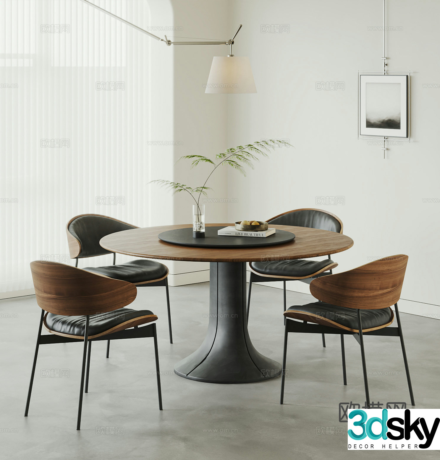 Medium style dining table and chairs chandelier round dining table and chairs solid wood dining table and chairs leather dining chairs 3D model