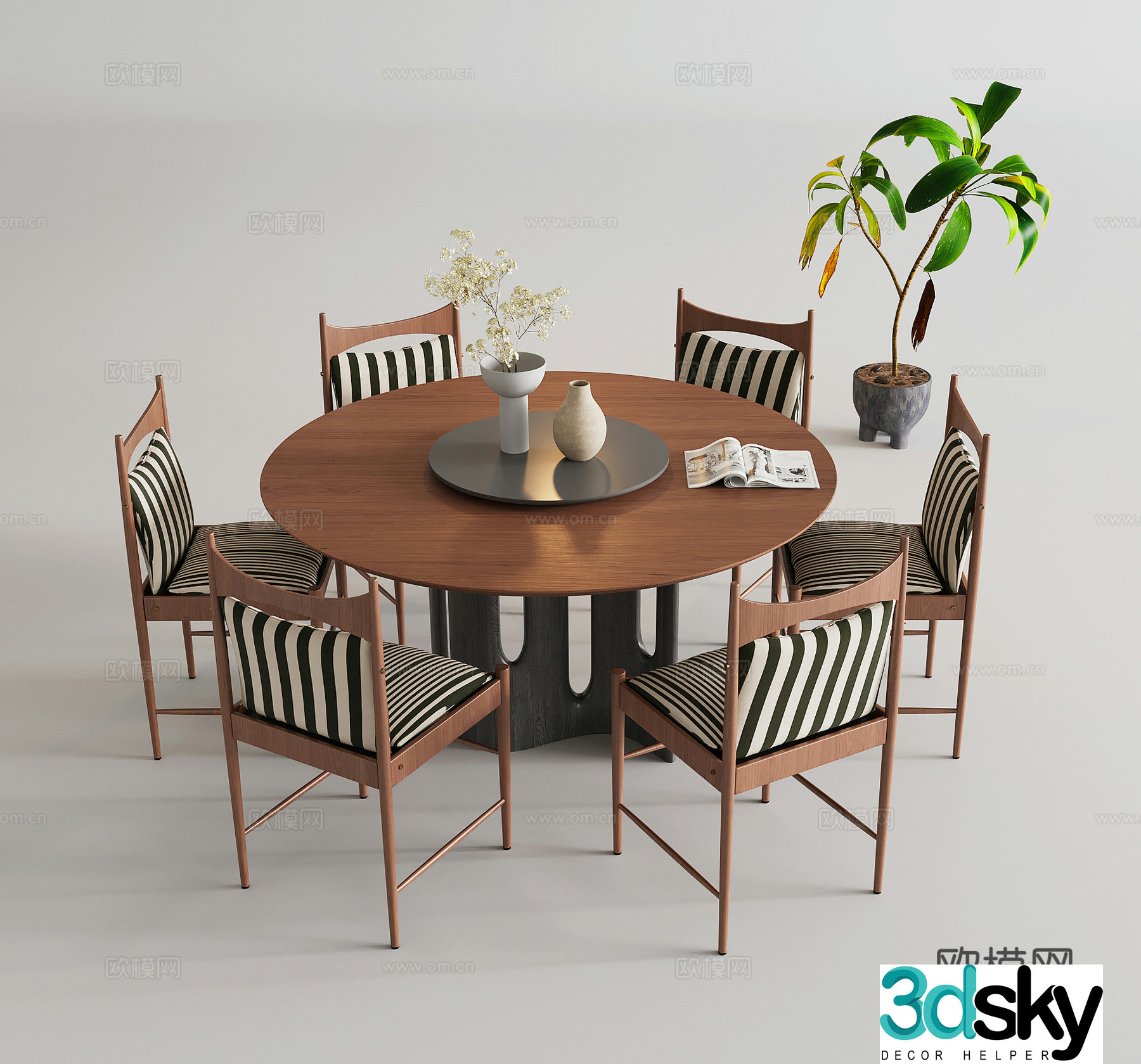 Middle style dining table dining chair round table green plant 3d model