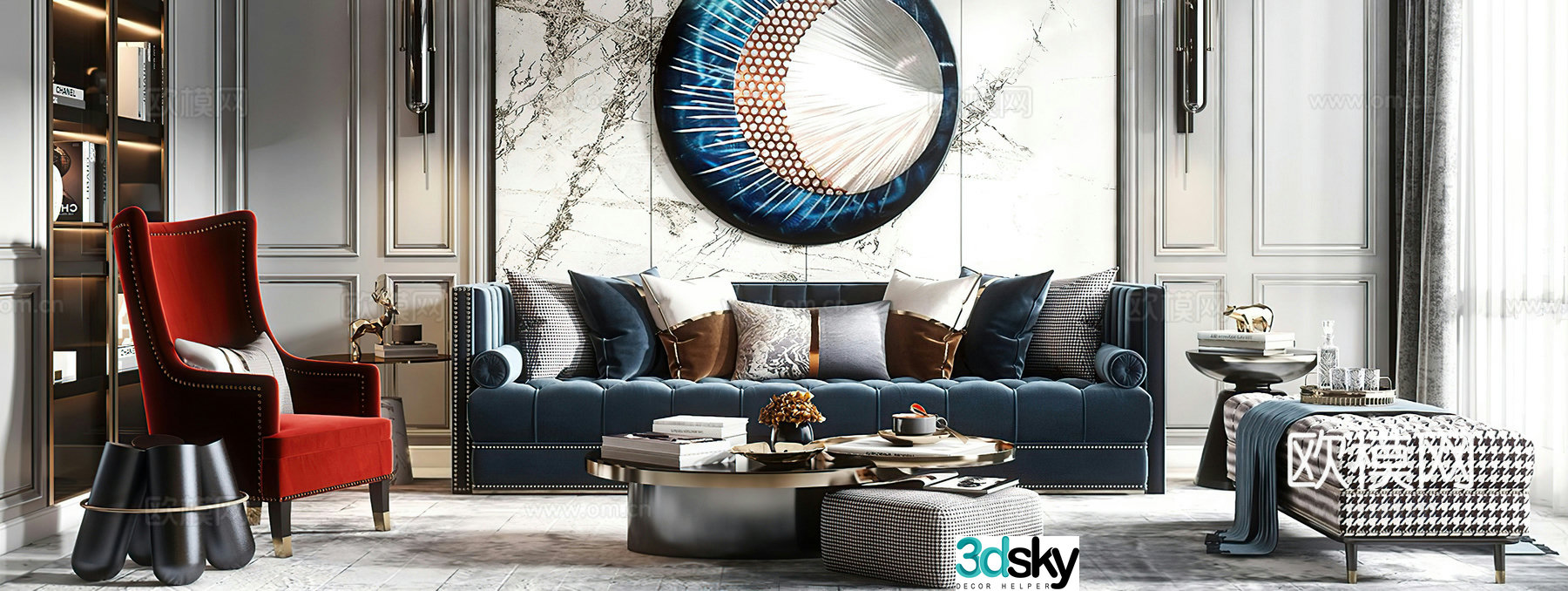 American living room combination sofa leisure chair modern living room light luxury living room side table corner table 3D model