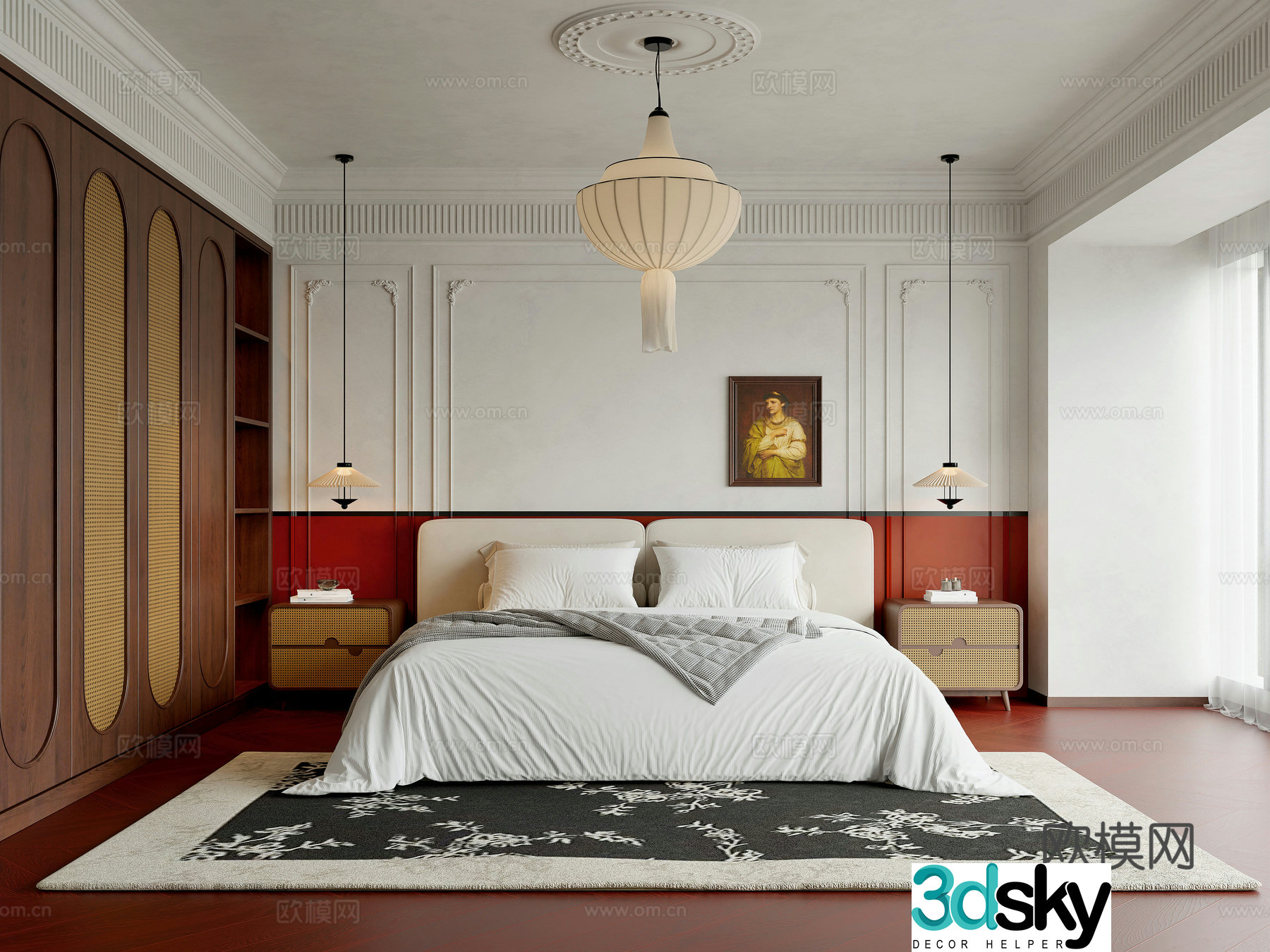 French medieval home bedroom modern light French bedroom bedside chandelier rattan bedside table 3D model