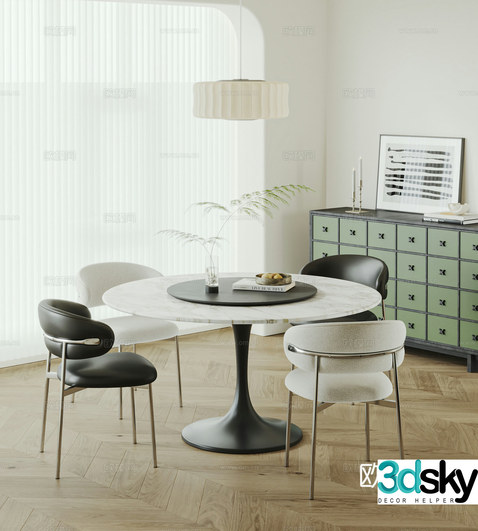 Modern cream style dining table and chairs Tulip dining table leather dining chair single chair side cabinet chandeliers 3d model