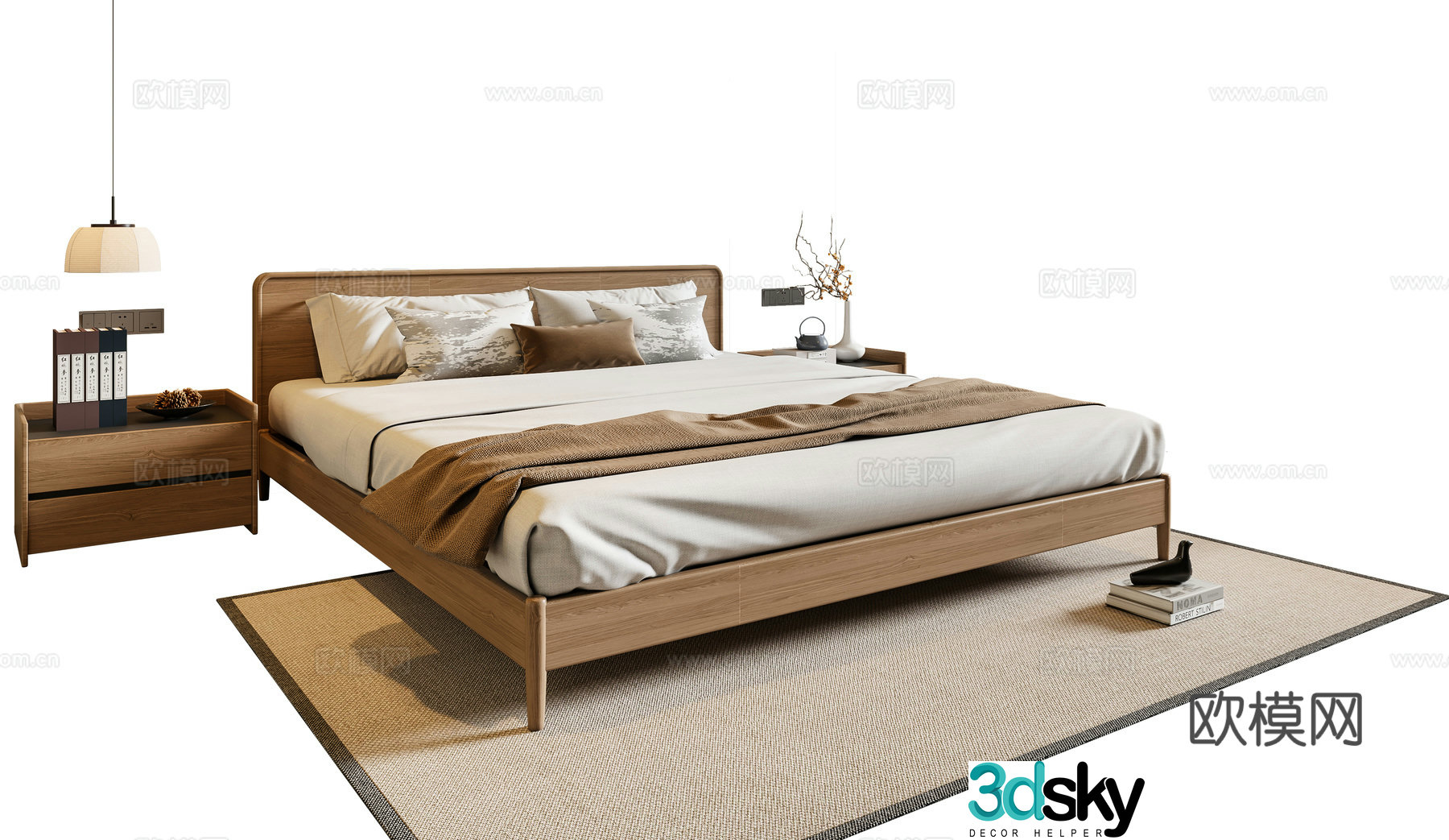 New Chinese style double bed solid wood bed nightstand chandeliers carpet 3D model