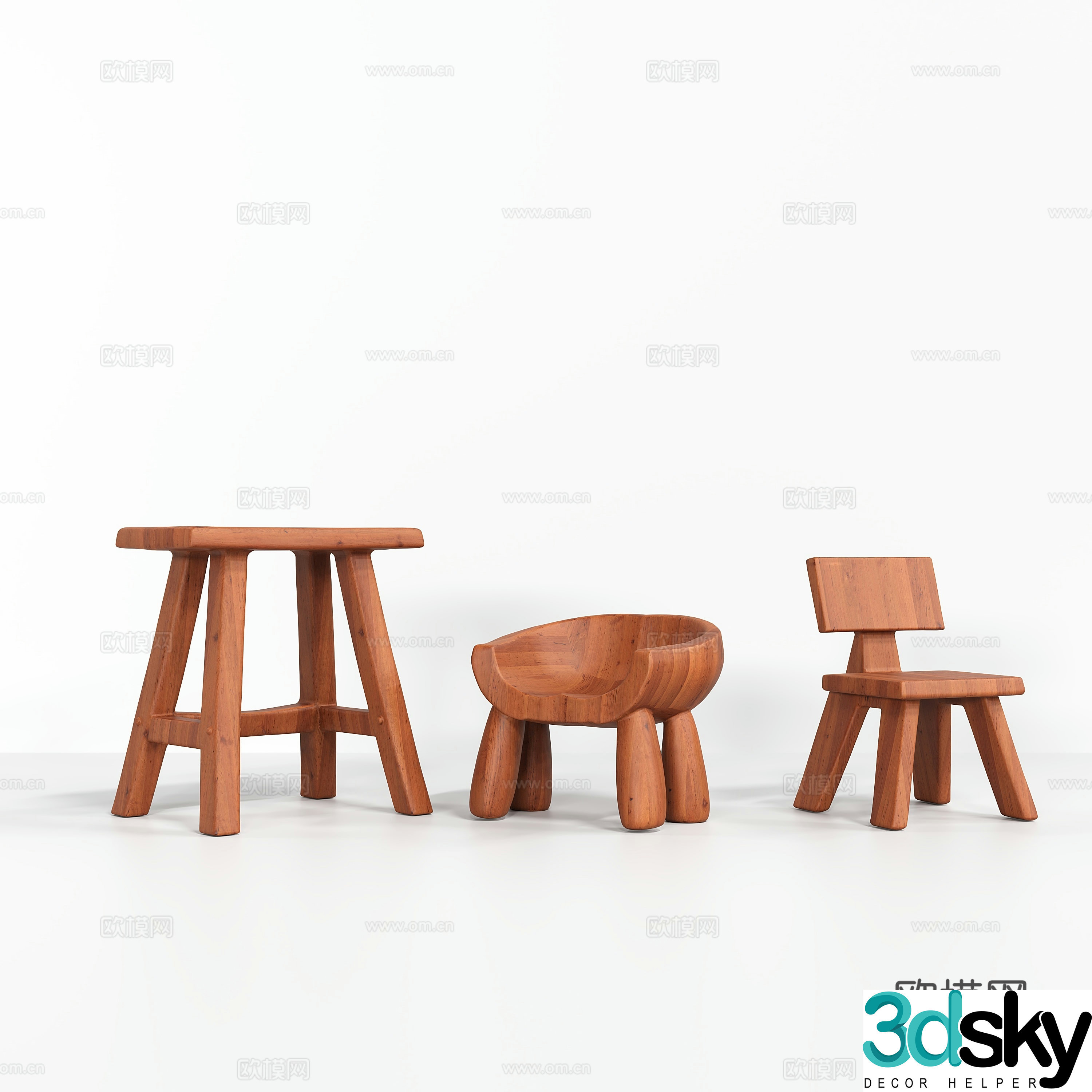 Solid wood stool 3d model